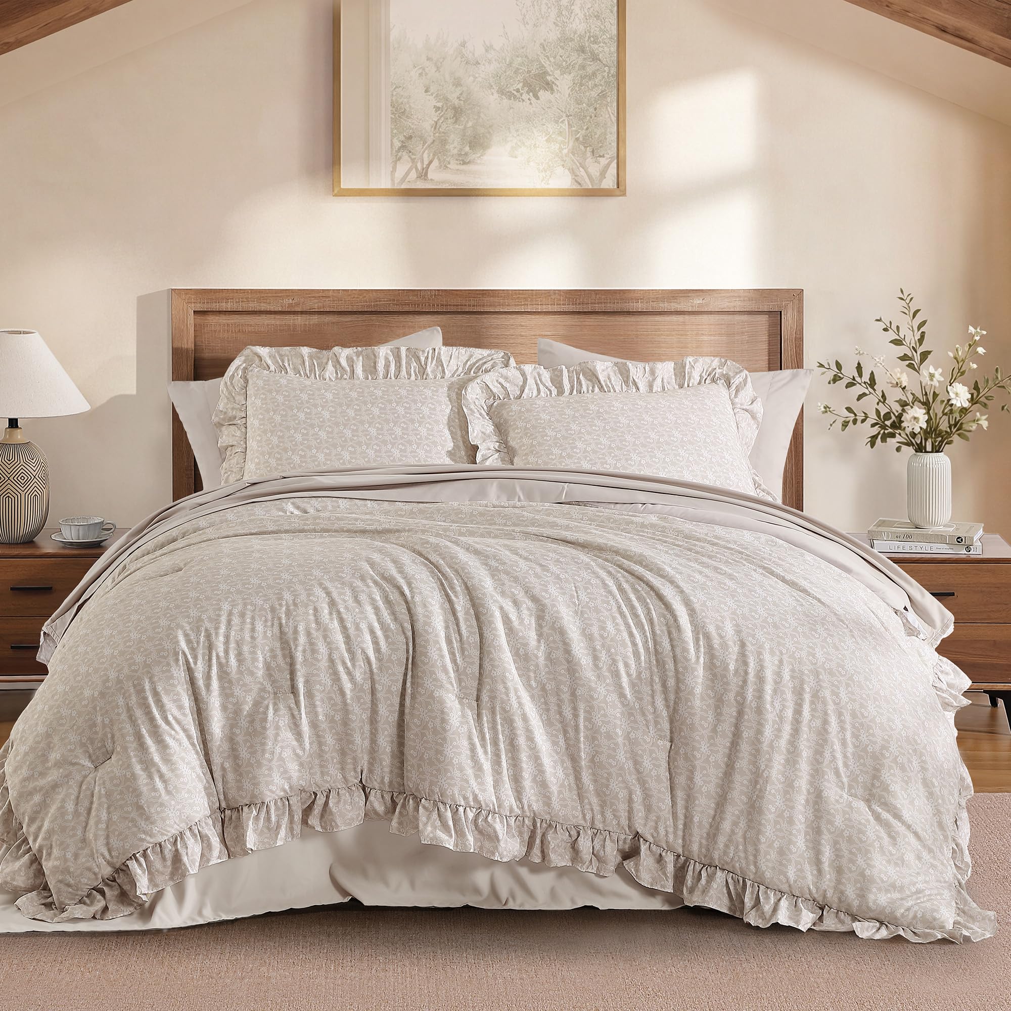 BLOOMHAVEN Queen Comforter Set Beige Lace