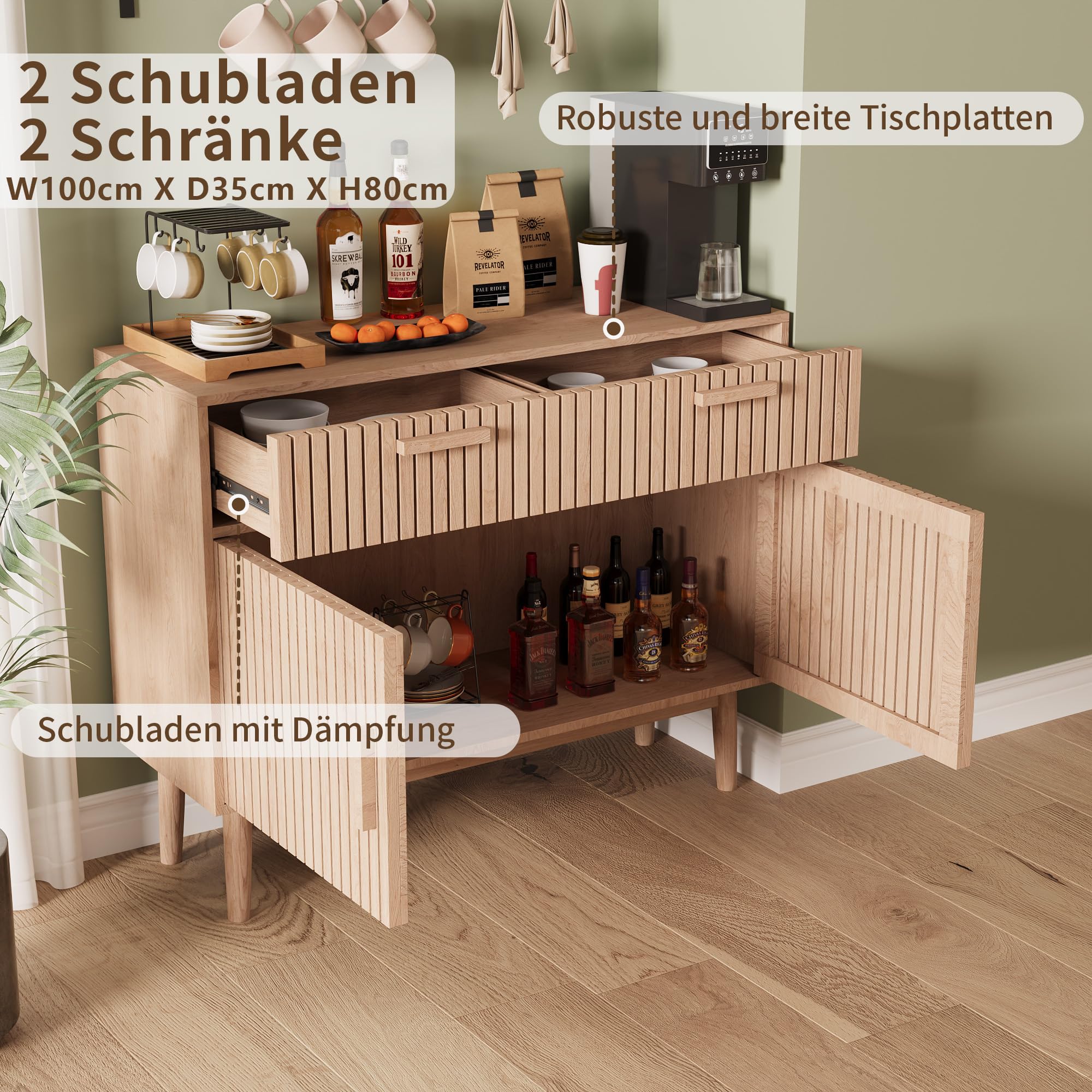 Lexiou 210 x 35 x 90 cm dressoir-opbergkast met glazen deur en led-houten blisterdeur, onafhankelijke kast voor keuken, thuis, woonkamer