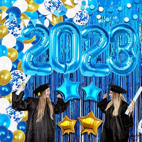 Miniatura 3 de KatchOn, Juego de decoraciones de graduación azul y dorado 2024, paquete gigante de 144, kit de arco de globos de graduación 2024 | Globos azules