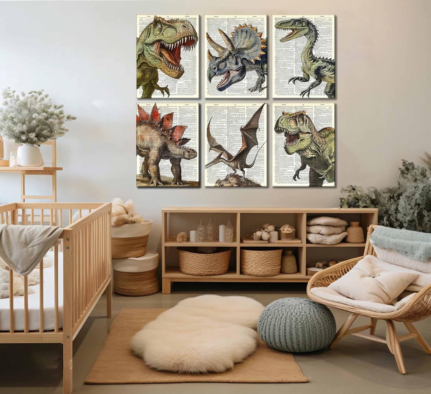 6Pcs Dinosaur Canvas Wall Art Retro Tyrannosaurus, Stegosaurus, Triceratops, Parasaurolophus Wall Decor Pictures Canvas Posters Prints For Children Room Baby Boy Nursery Boys room Bedroom