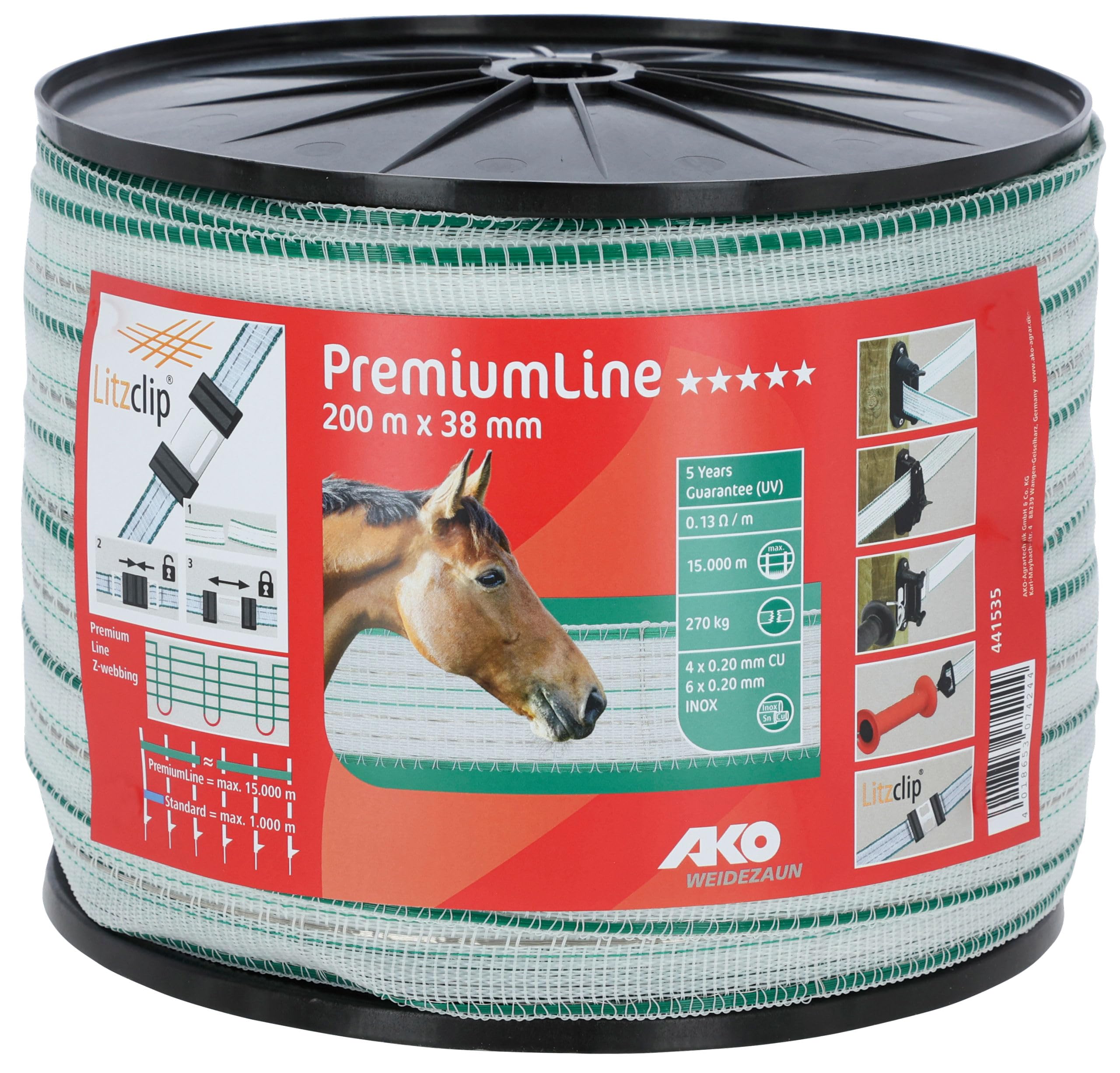 AKO Weidezaunband PremiumLine (weiß/grün, 200 m Länge, 20 mm breit, Tierzaun, Zubehör Weidetiere, Tierzubehör) 441534