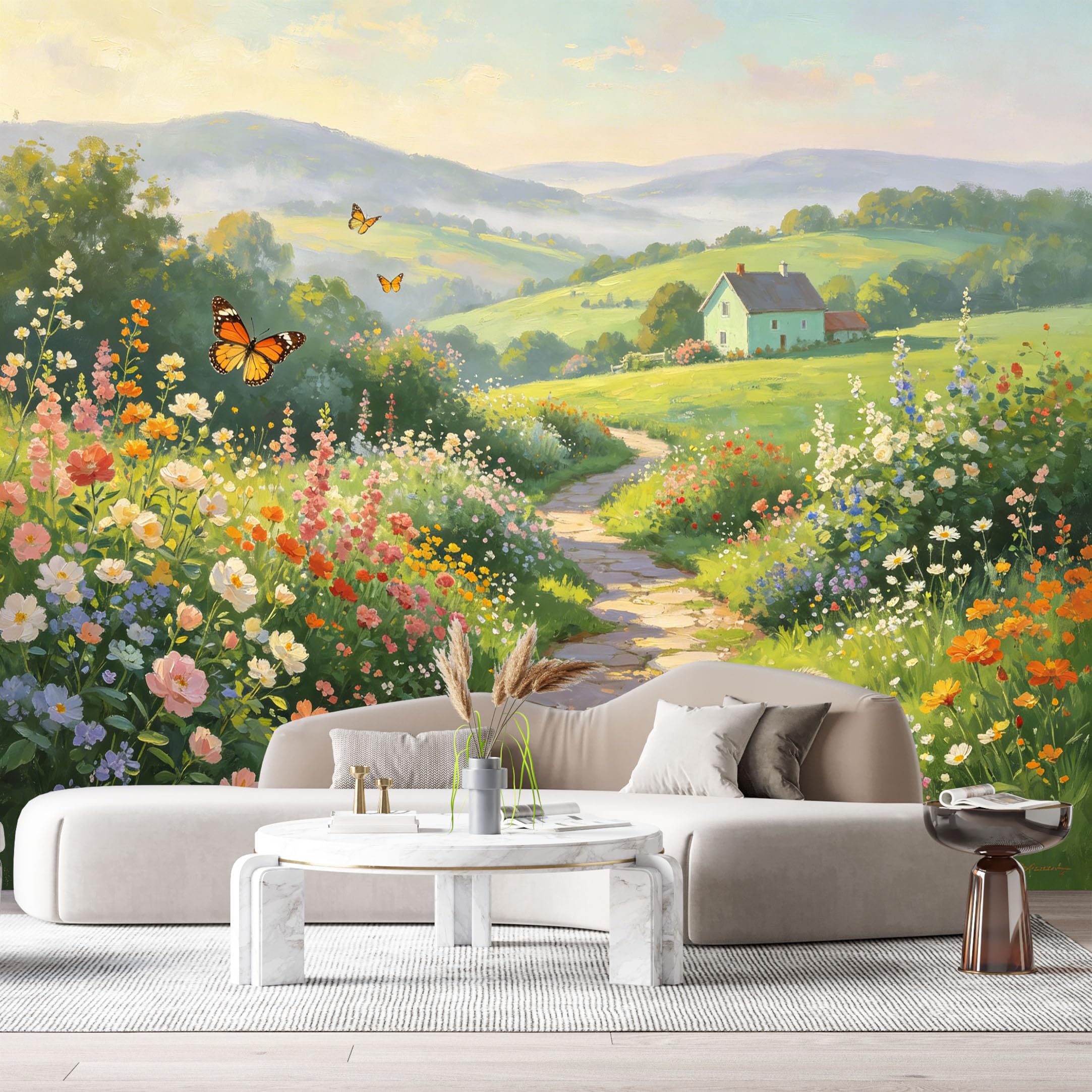 Custom Size Wall Murals Farmhouse Landscape Oil Painting Meadow Path Butterfly Squirrel SelfAdhesive Wall Fabric Removable Large Wallpaper for Photo Living Room