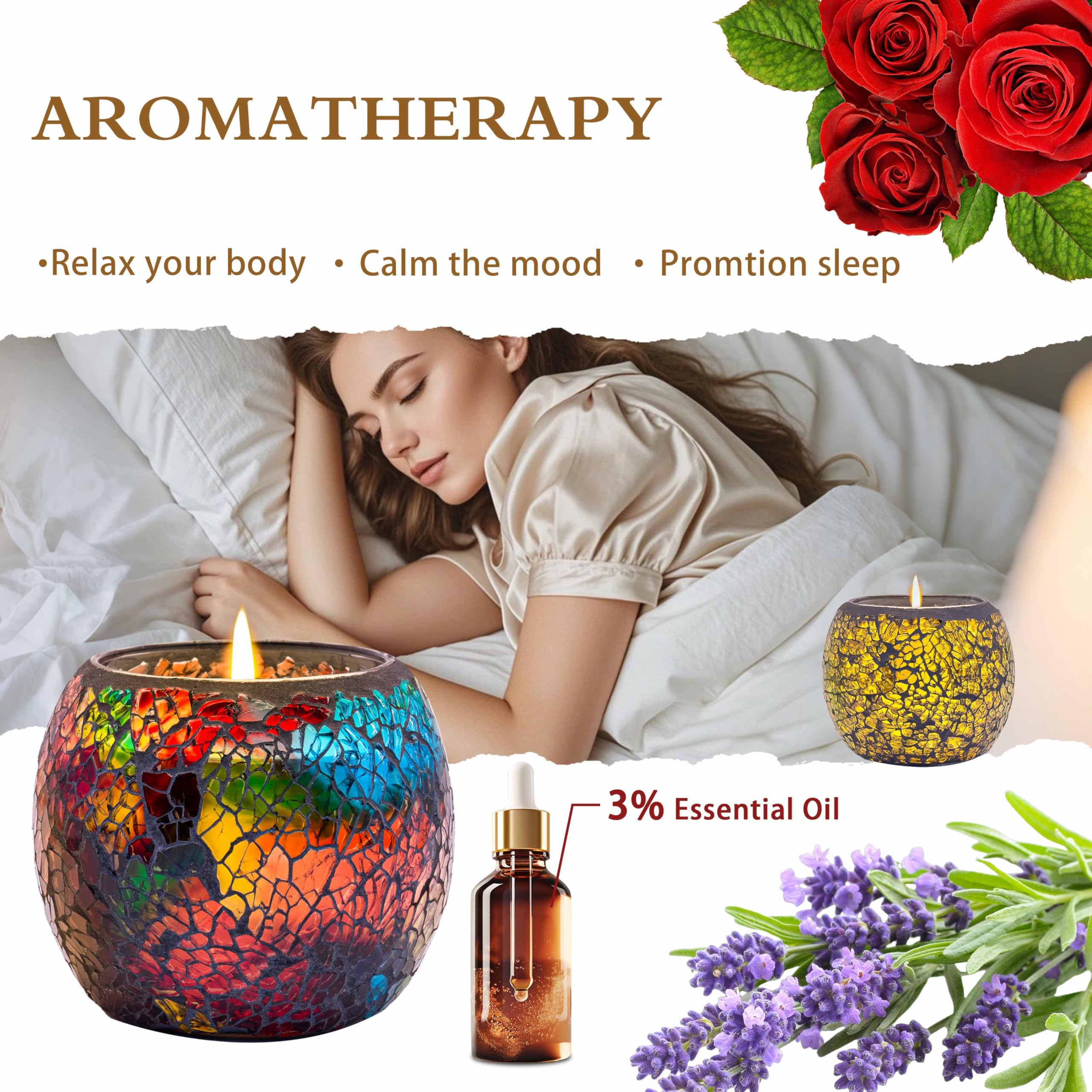 Larcenciel Set Di 4 Candele Profumate In Cera Di Soia, Mosaico In Vetro - Rosa, Lavanda, Caffè, Vaniglia, 5.6 Oz (120h Totali) - 2