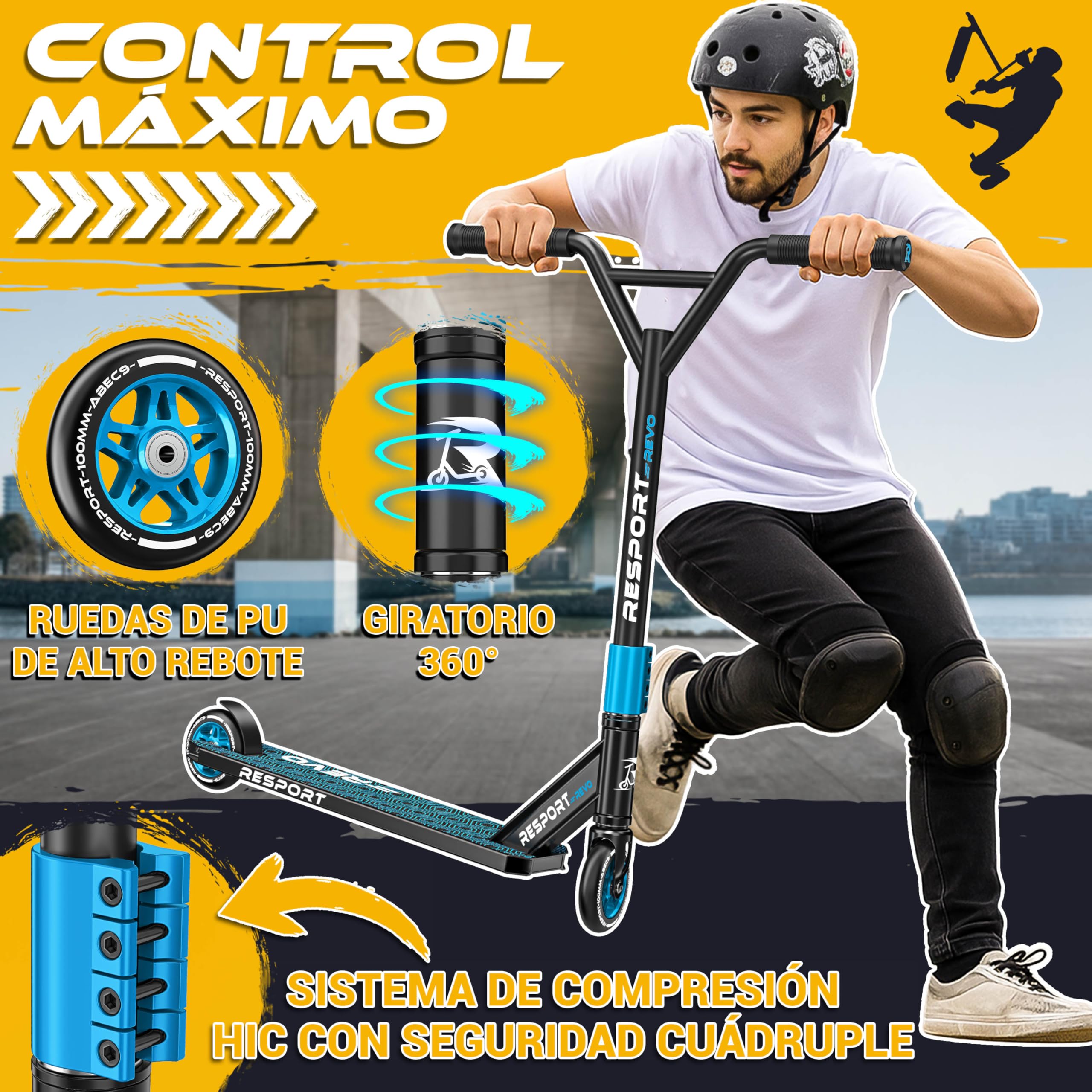 RE:SPORT Patinete de acrobacias Revo para niños y adultos con soporte, patinete profesional de 100 mm, ruedas de poliuretano y barra en Y, patinete de acrobacias, patinete ABEC 9, rodamientos de bolas