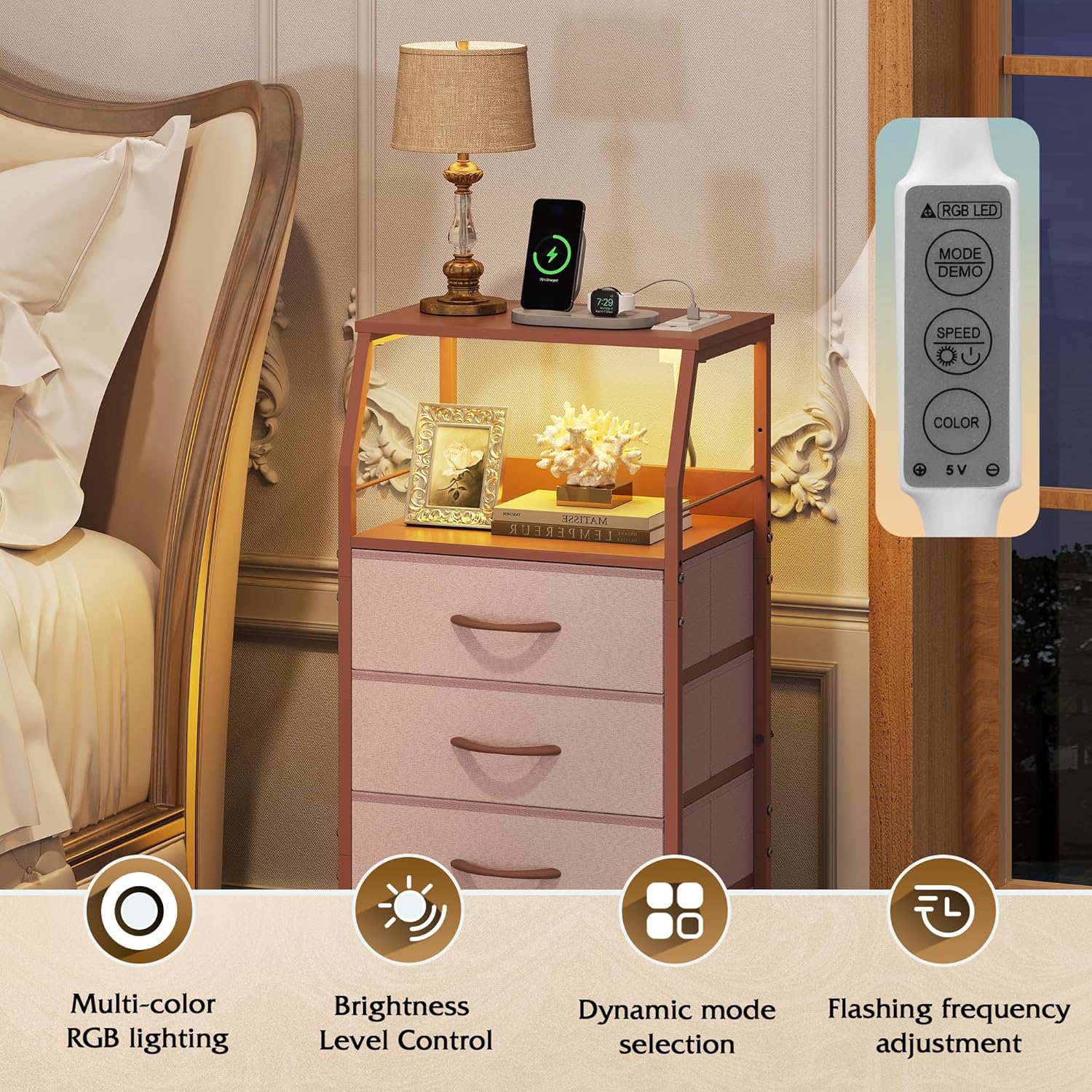 WLIVE 4 Drawer Dresser for Bedroom, 37" H Nightstand with Charging Station and Led Light, Tall Night Stand Bed Side Table, End Table with USB Ports and Outlets, Fabric Bins, Wood Shelf, Pink - Image 4