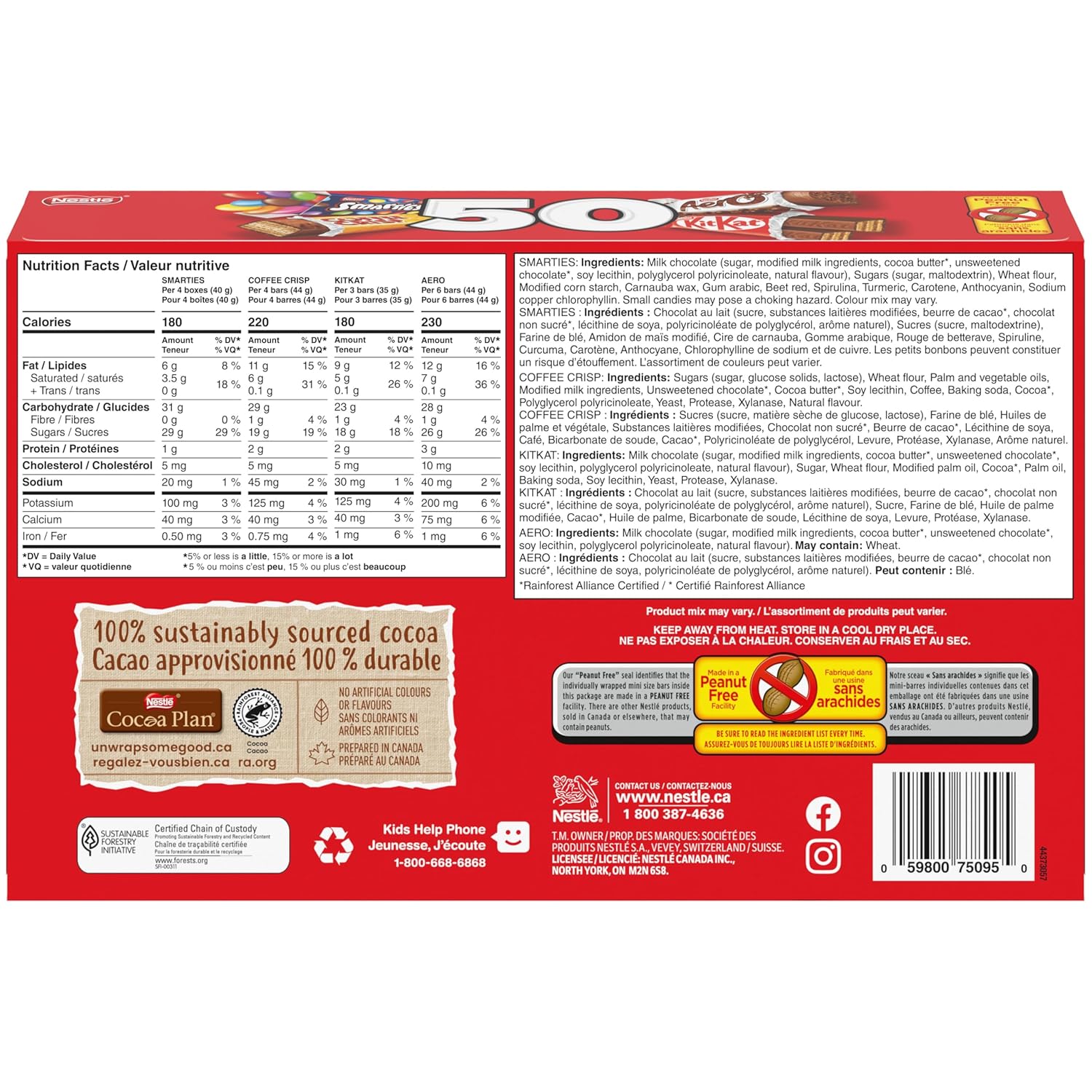Christmas Chocolate Candy Gift Box, 50 Mini Milk Chocolate Bars, Includes Coffee Crisps, KitkatWafers and more, Holiday Chocolate Individually Wrapped Boxes For Stocking Stuffer Gifts, Red Gift Box