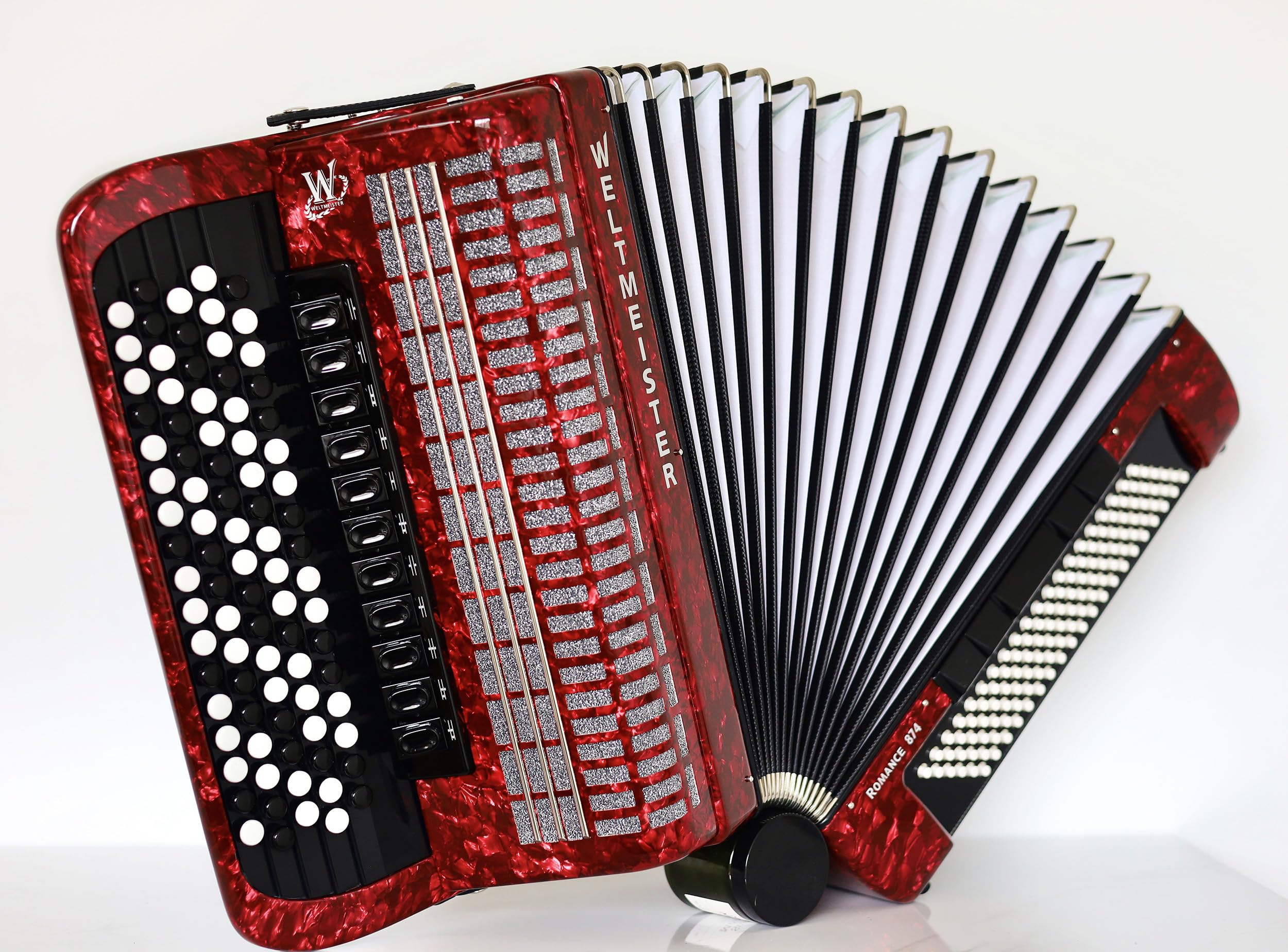 NEW 5 Rows Weltmeister Romance 874 Professional Concert Button Accordion, made in Germany, 120 Bass buttons, B-Gripp, Red Pearloid, incl Straps and Case, Professional Bayan Accordion Intsrument