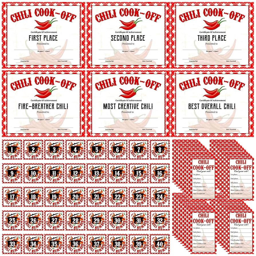 amazon-com-tenceur-96-piezas-de-decoraciones-de-concurso-de-cocina-de-chile-incluyen-6-certificados-de-premio-50-tarjetas-de-votaci-n-de-chili-cook-off-40-calcoman-as-de-n-meros-autoadhesivas-para-fiesta for Free Printable Chili Cook Off Award Certificate Template Amazon.com: Tenceur 96 piezas de decoraciones de concurso de cocina de chile incluyen 6 certificados de premio, 50 tarjetas de votación de Chili Cook Off, 40 calcomanías de números autoadhesivas para fiesta : for Free Printable Chili Cook Off Award Certificate Template