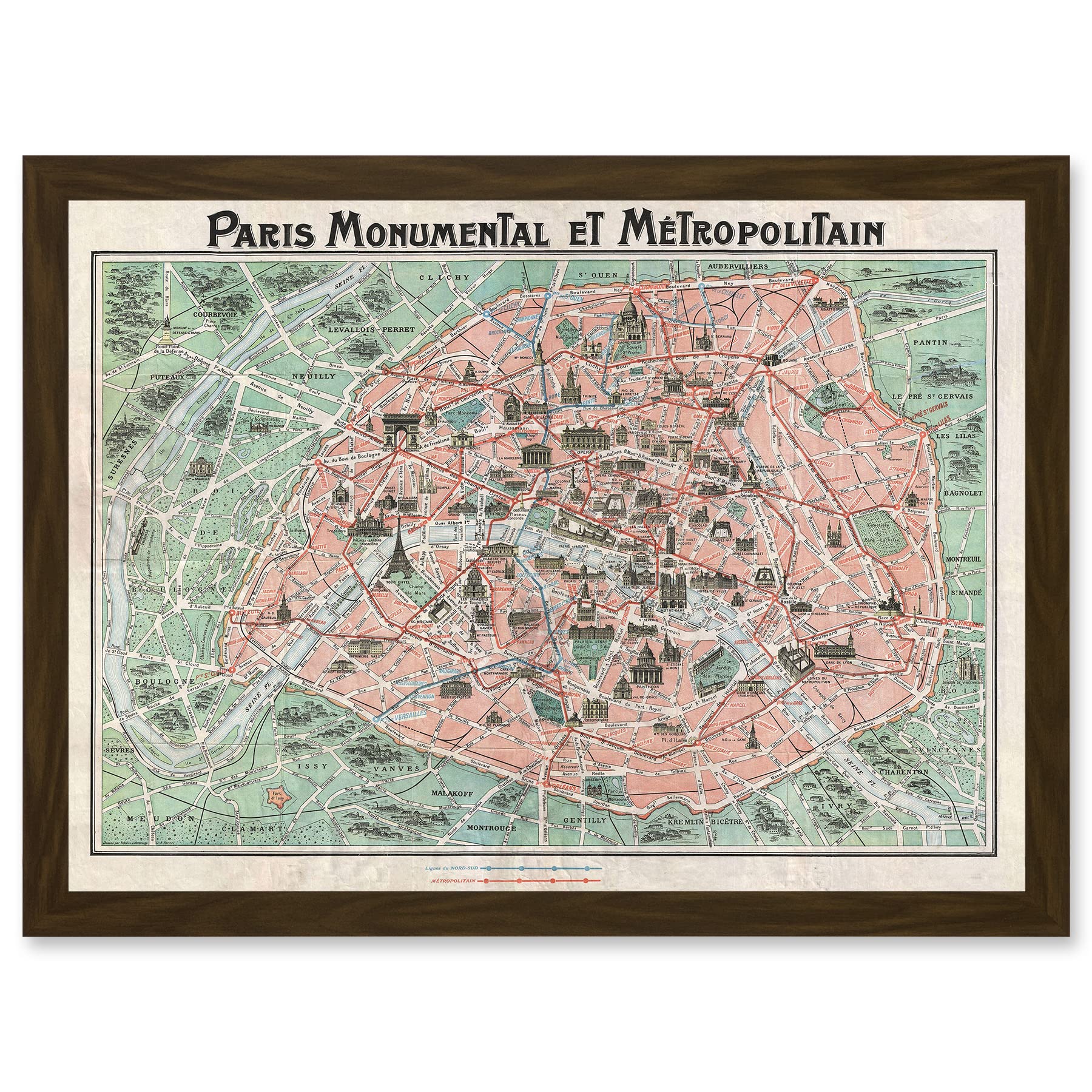 Wee Blue Coo Robelin Paris Metropolitan Monument Map France Artwork Framed Wall Art Print A4
