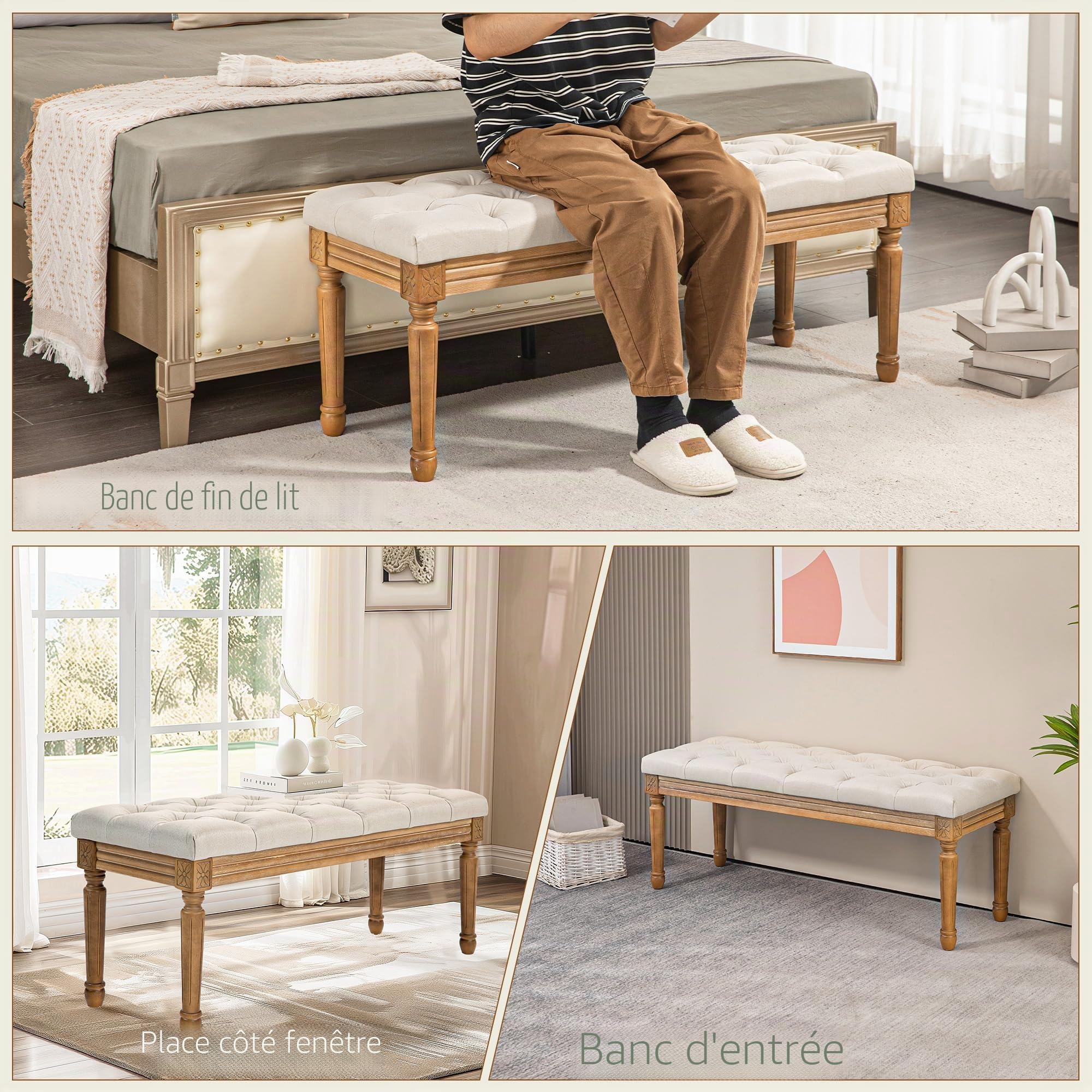 HOMCOM Banc, banc rembourré avec aspect lin, pieds en bois, banc de lit pour chambre à coucher, salon, couloir, 120 x 41 x 48 cm, crème