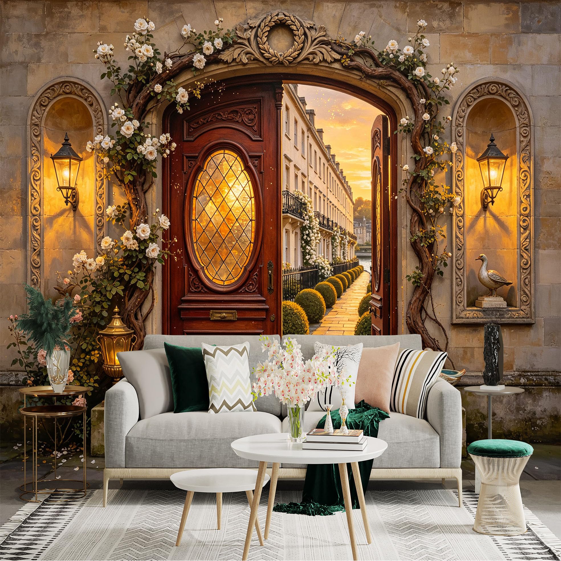 Custom Size Wall Sticker Mural， Vintage Garden Doorway with Floral Arch and Sunset Path， for wall Decoration， peelandstick wall Decals.