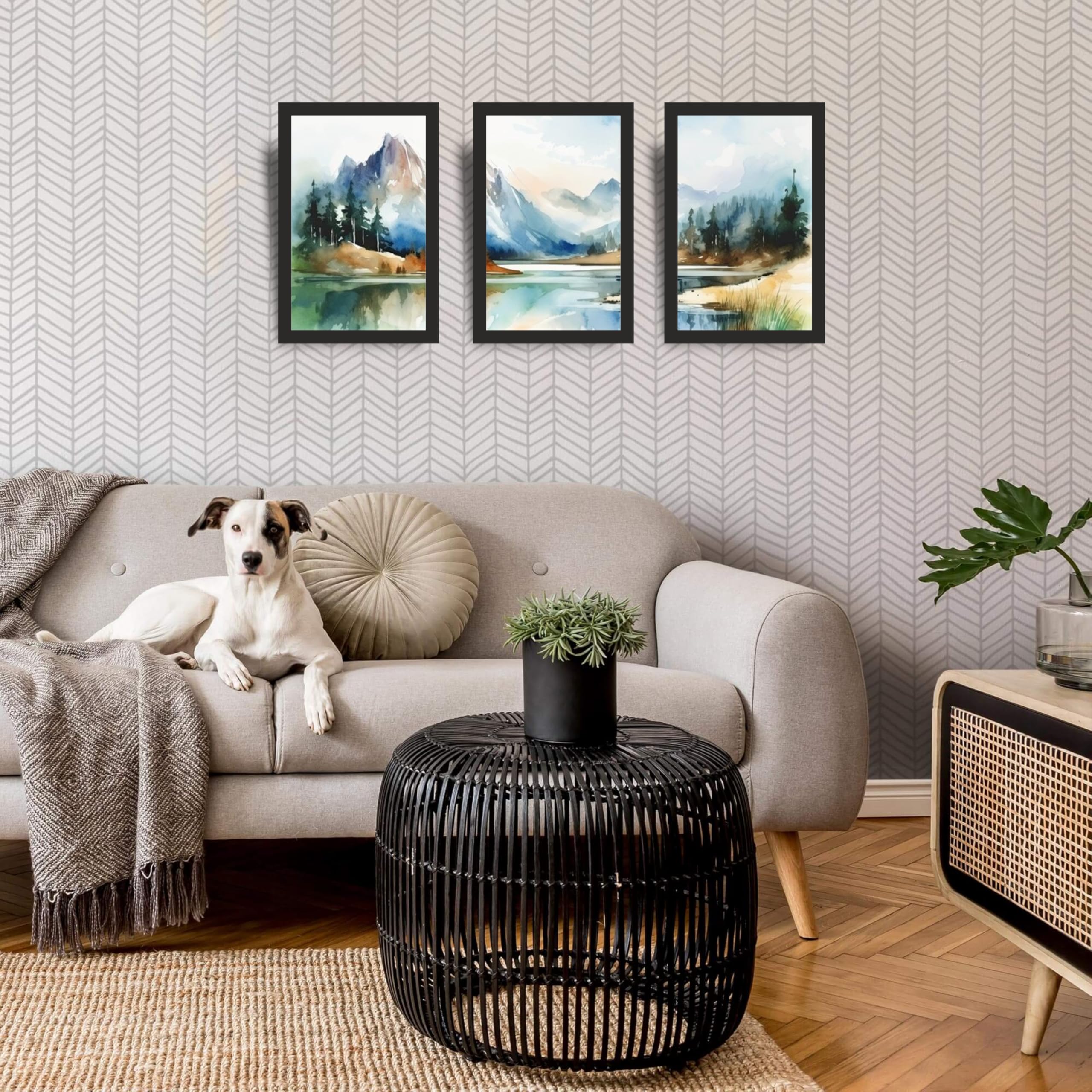 Watercolor Mountain Lake Wall Art Set of 3 Frames