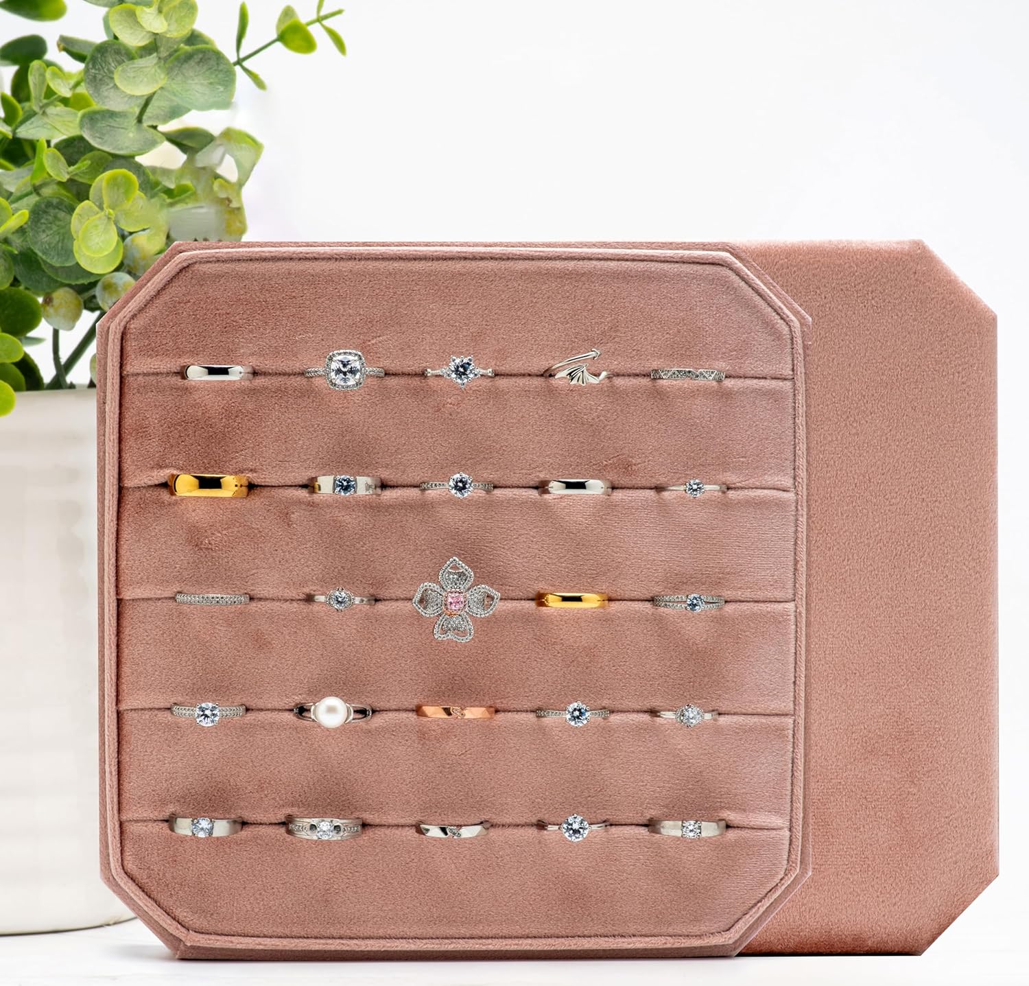Multiple Velvet Ring Storage Organizer Display Tray Jewelry Box Earring Holder Case for Wedding Birthday Christmas Day (Blush Peach)