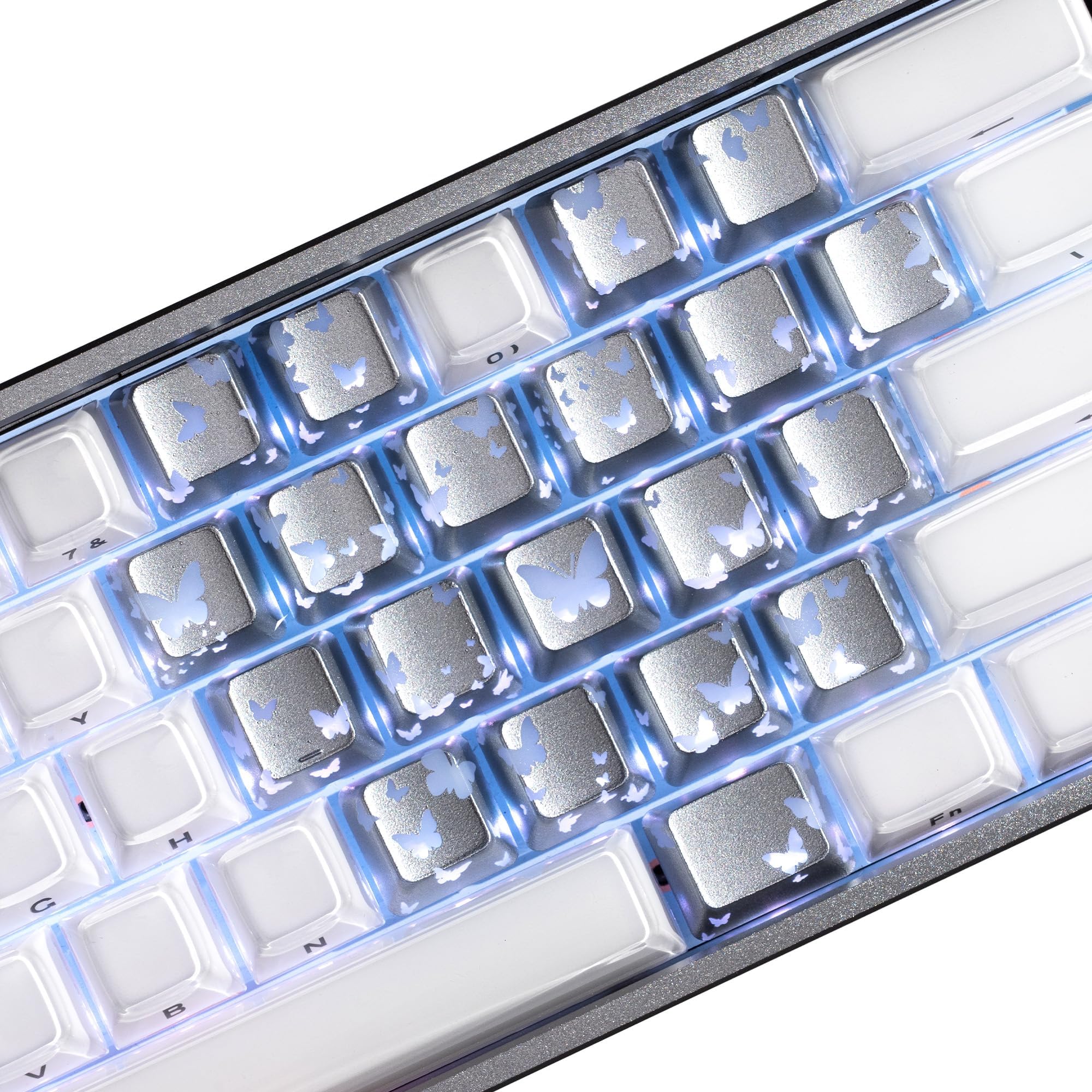 HITIME XVX Butterfly Shine Through Keycaps, Love Theme Cute Custom Keycaps, Blank OEM Profile IMD Translucent Keycap, Anime Style, for MX Switches Mechanical Keyboard, Silver（Only 21 Keys