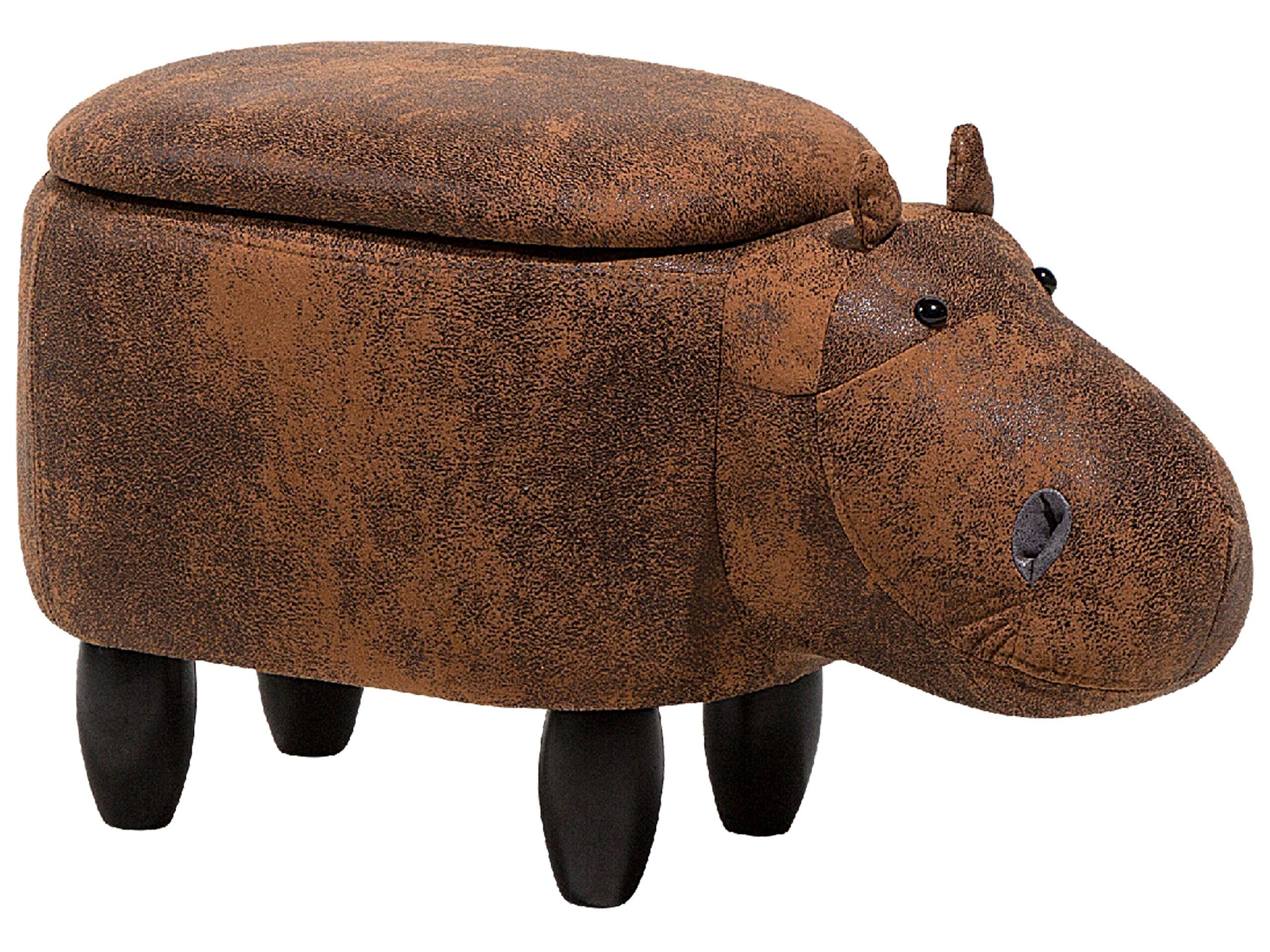 Beliani Modern Faux Leather Stool Brown Upholstery Storage Solid Wood Animal Hippo