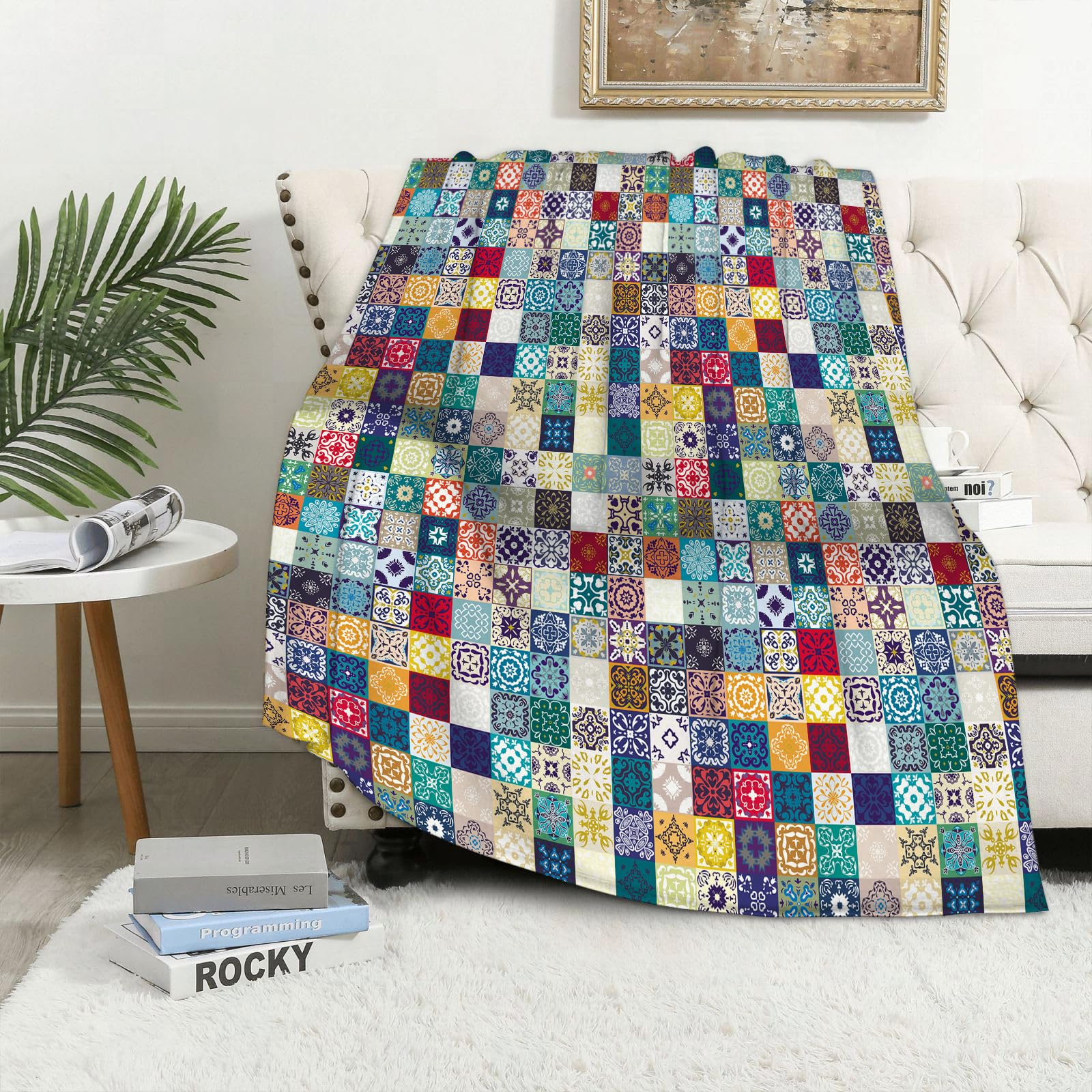 MAAPCHP Flannel Fleece Blanket Throws for Sofa Fluffy Blanket Bed Throw for Bedroom Floral patchwork tile design. Colorful Moroccan Mediterranean square tiles mosai Blanket for Bed, Couch,Car 30x40in