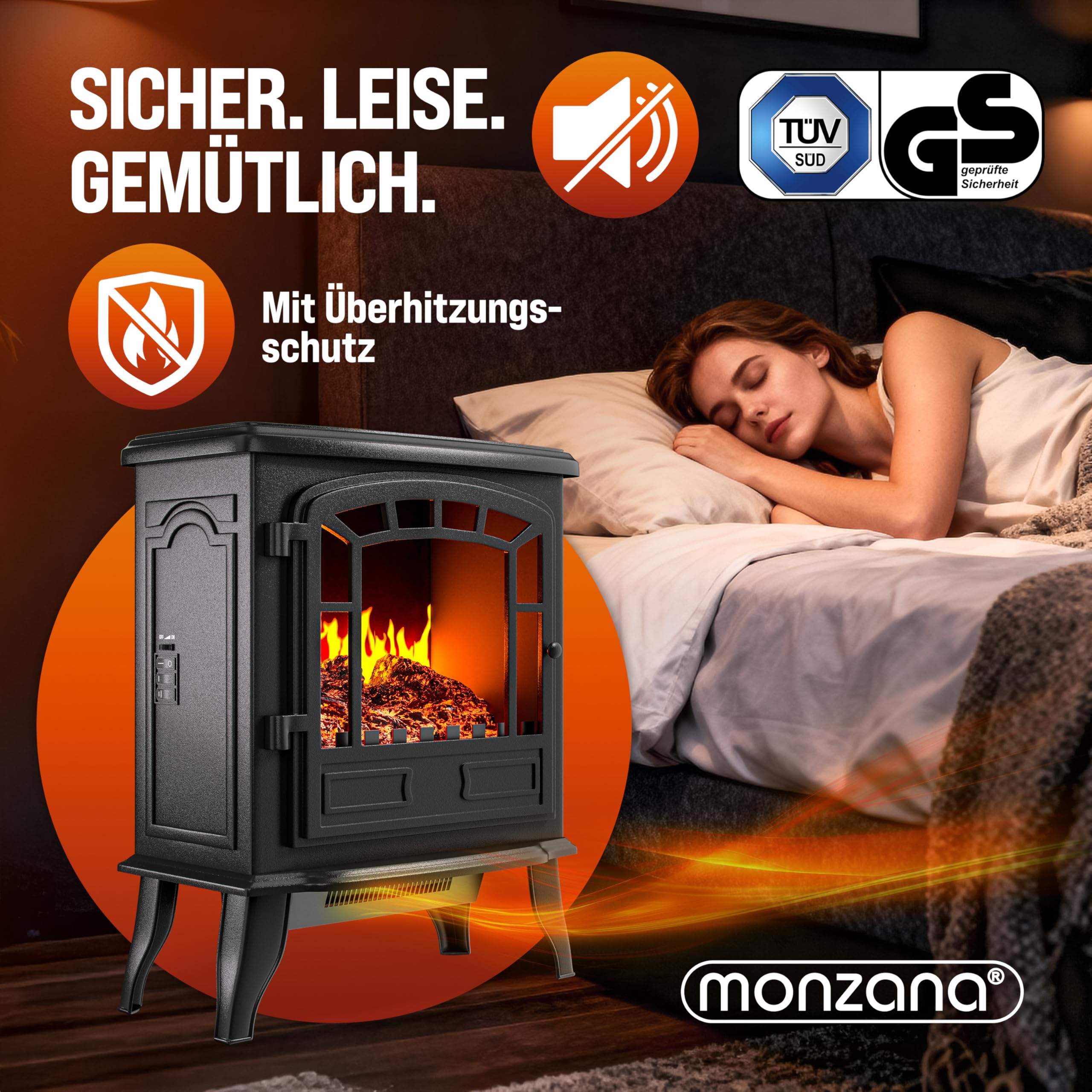 MONZANA® Elektrokamin mit LED Flammeneffekt Heizlüfter 2000W 2 Heizstufen Kamin Ofen Heizung Wohnzimmer 39x24x57cm Schwarz
