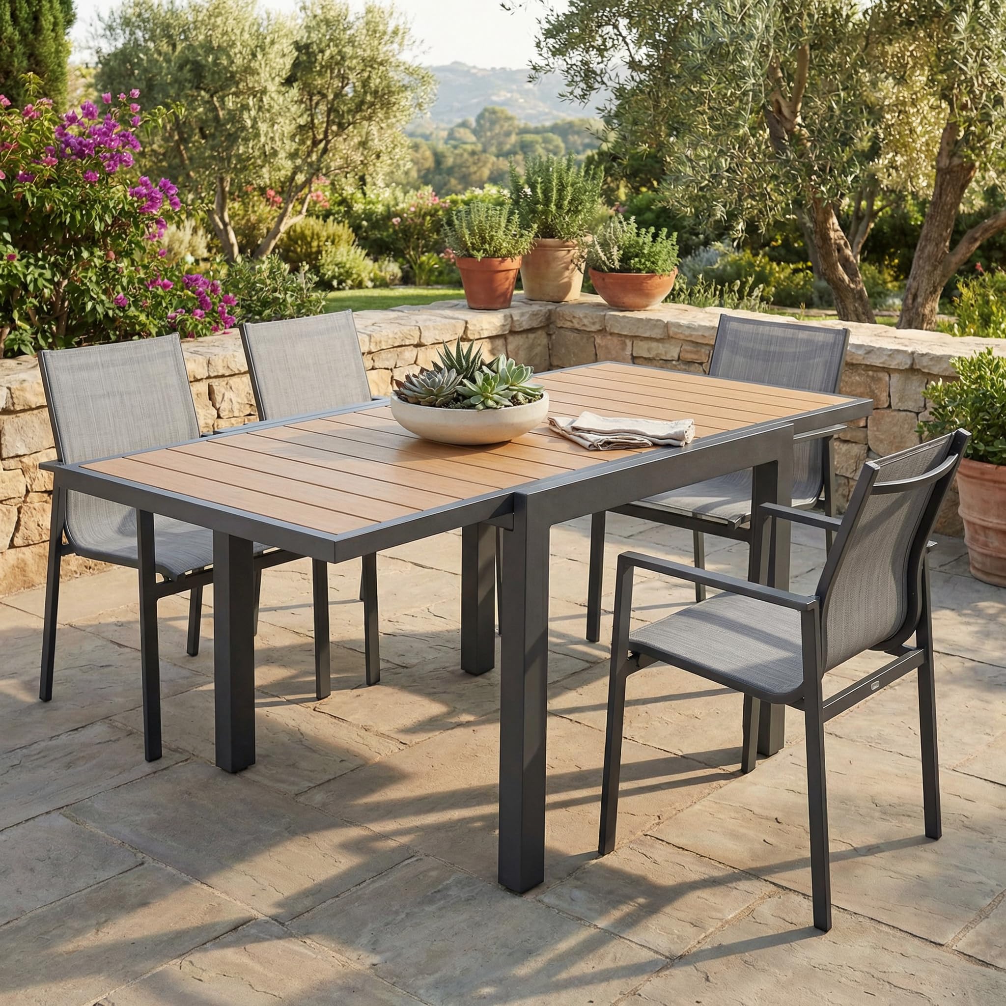 Brigros Estosa - Tavolo da Giardino Allungabile Olbia in Alluminio con Top in Legno di Eucalipto per Arredo Esterno, Grigio, 160/240x100x75 cm