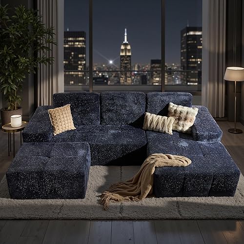 114" Cloud Couch Sectional with Ottoman,U Shaped Boneless Couches in A Box,Deep Seat Modular Sectional Sofa with Comfy Chaise No Assembly Required,Blue