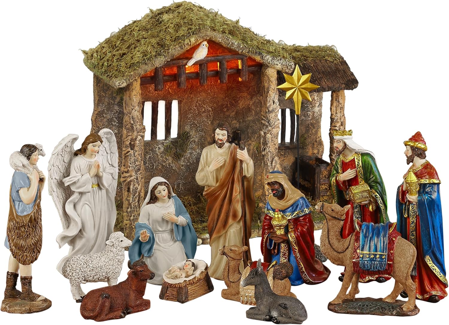 Fovths 16 Pack Nativity Sets for Christmas Indoor Set 7 inches Scale Nativity Lighted Stable Manger Figurine Religious Resin Christmas Nativity Set Tabletop Holiday Resin Figures Tabletop Decor Set fo