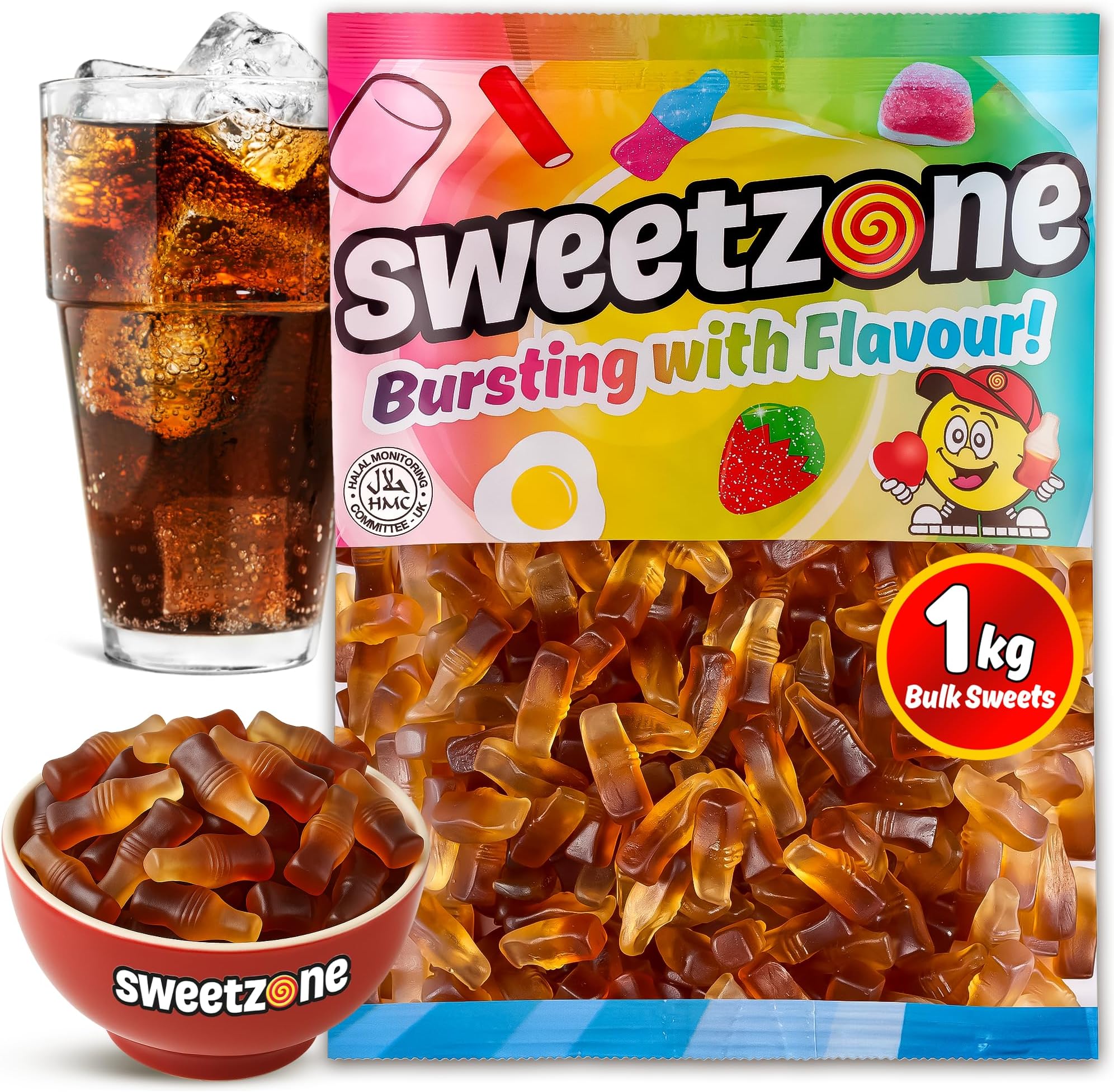 Small Cola Bottles Halal Candy Bag, 1 kg Bulk Sweets, Retro Chewy Gummy Sweets, Bulk Candy Sweet Bags, Sweet Treats, Cola Flavour Bottles Tub for Parties, Events and Celebrations