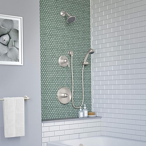 Miniatura 2 de Symmons 5505-STN-1.5-TRM Elm - Molde de ducha de 5 pulverizaciones con 2 manijas y ducha de mano de 3 pulverizaciones en níquel satinado (válvulas