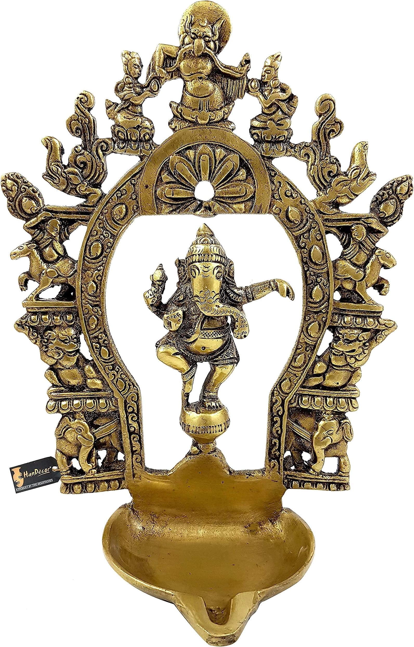Two Moustaches Brass Ethnic Indian Carving Dancing Ganesha Design Diya with Prabhavali Frame, 9 Inches, 1 Kg, Antique Yellow, Standard