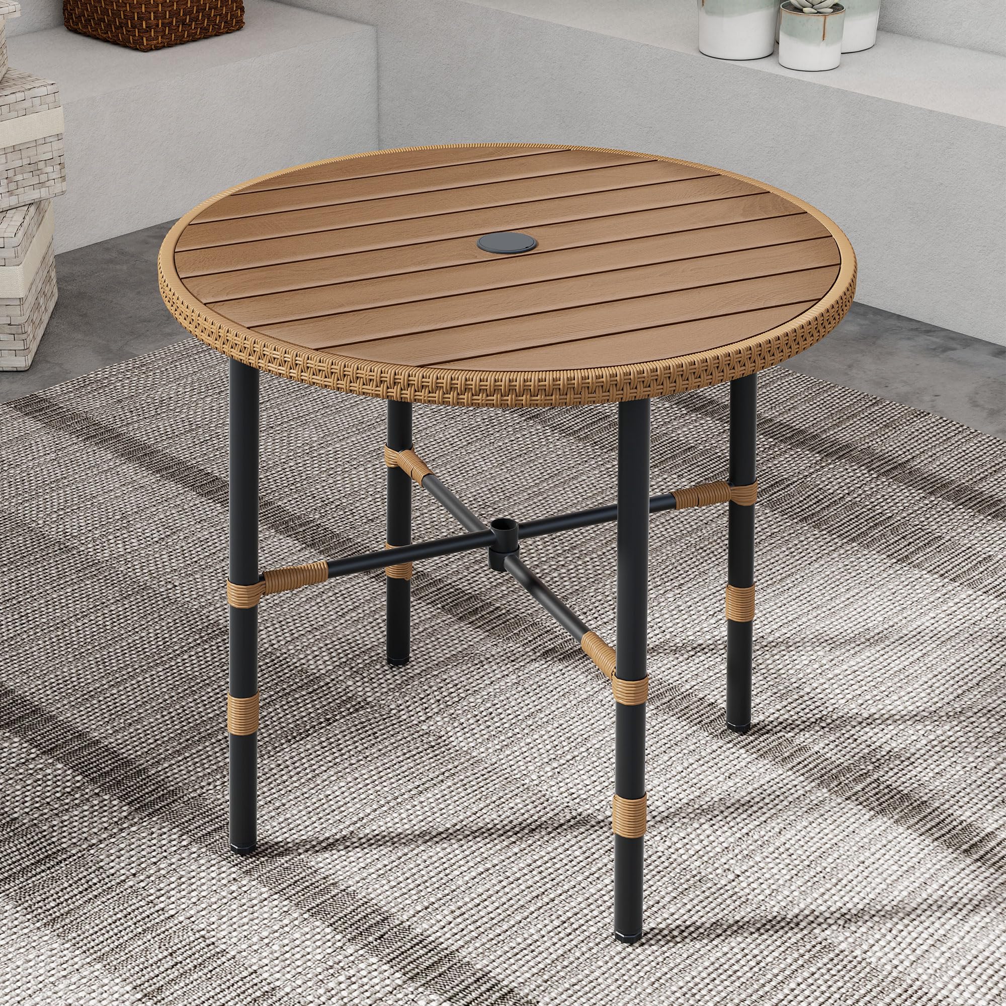 Mesa de comedor redonda para 4 mesas de 35.4 pulgadas con agujero para sombrilla y niveladores ajustables, mesa de bistró para todo tipo de clima con marco de metal para césped, jardín, patio 7