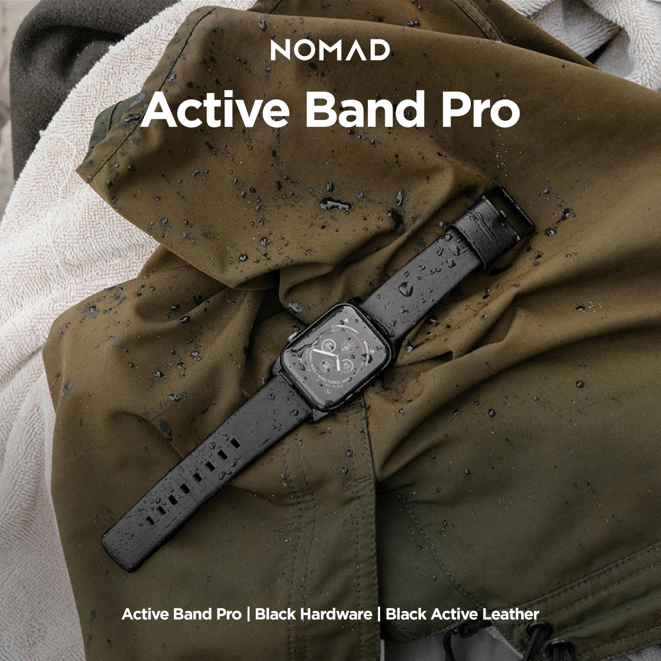 NOMAD Modern Strap Black Connector Black Active Leather Pro strapazierfähiges Uhrenarmband aus Leder und Kunststoff FKM für die Apple Watch 42/44/45/49mm in schwarz mit schwarzen Schnallen