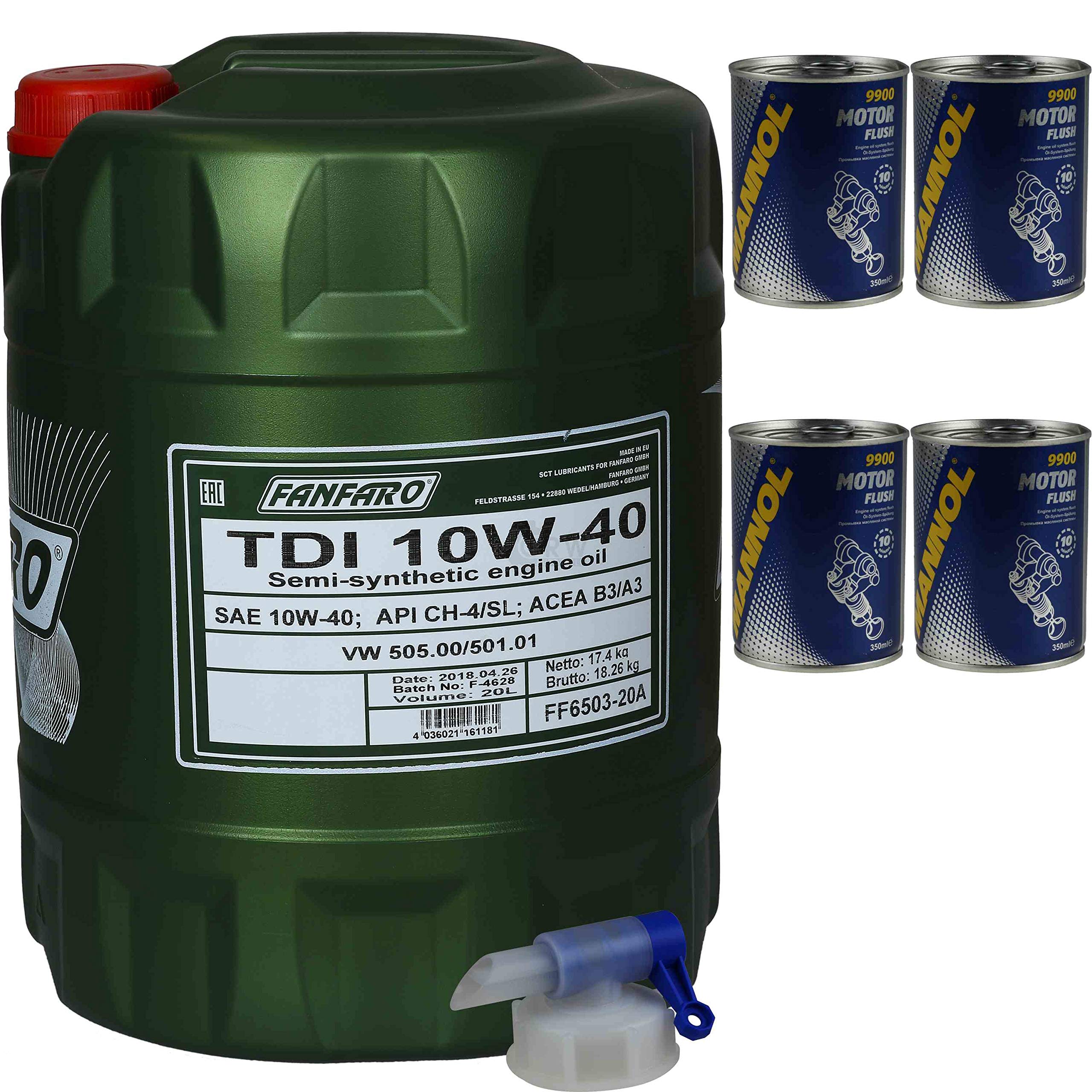 Aceite de motor Fanfaro TDI 10W-40 4 x Mannol motor Flush aditivo 20 l