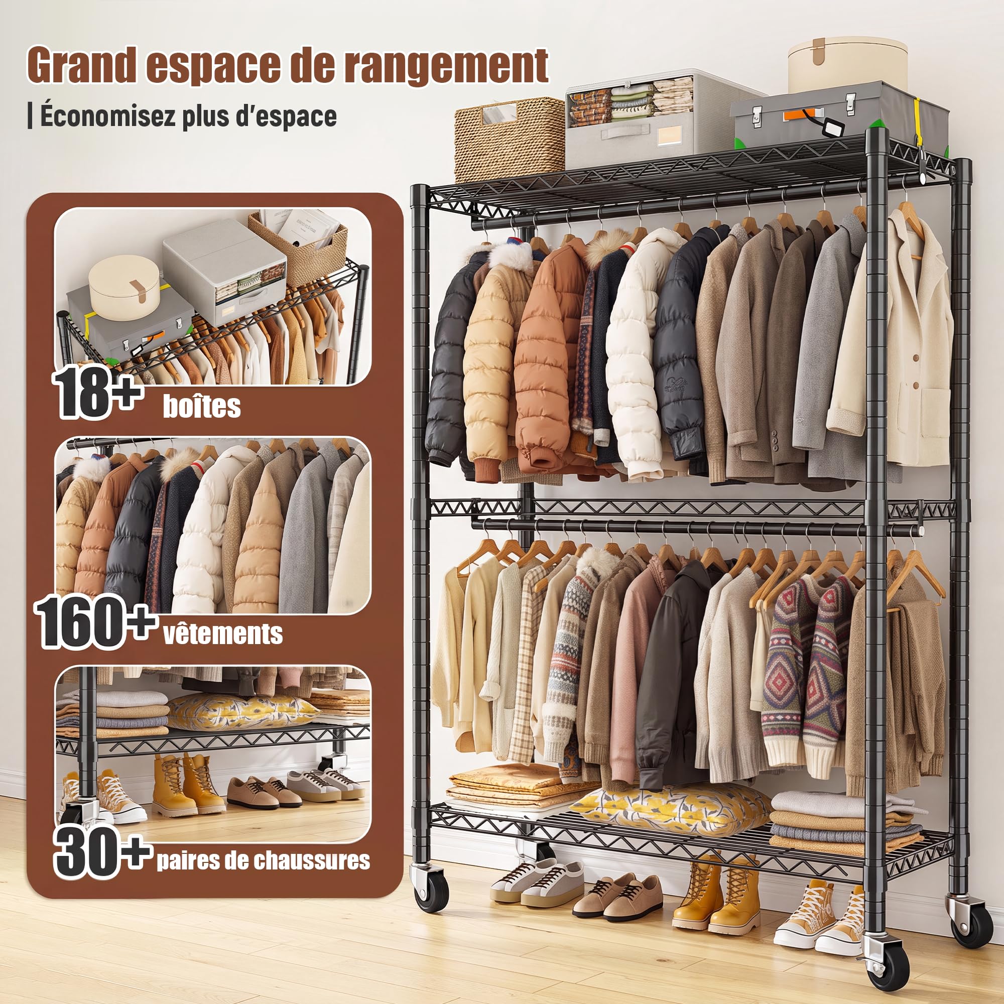 90 * 40 * 200cm Portant à Vêtements Solide à Roulettes avec Plateaux | 90 * 40 * 200 cm, hauteur modulable, charge maximale 200 KG, penderie vêtement dressing avec étagères réglables, noir