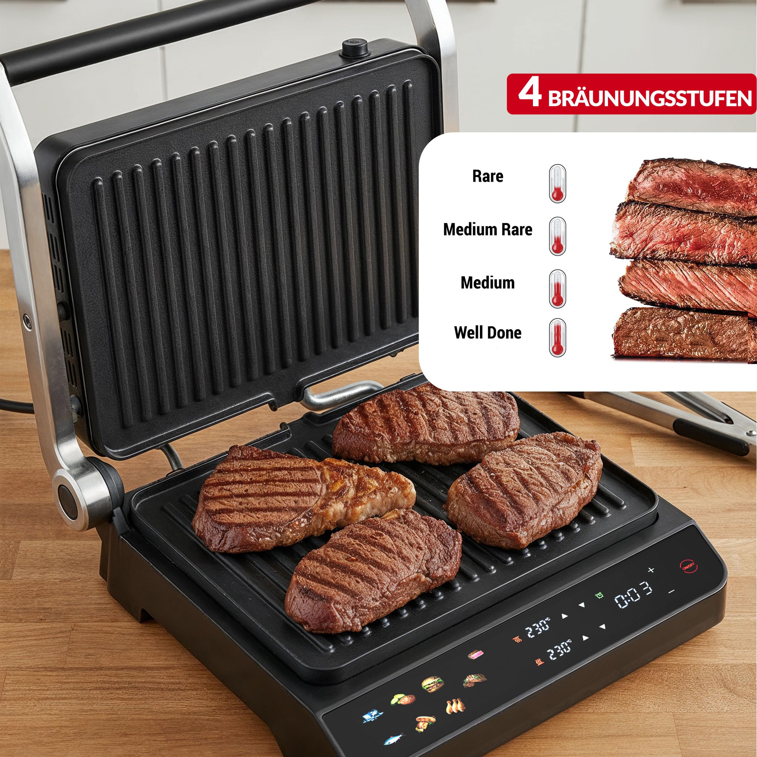 LEHMANN Kontaktgrill, 2000 W, Tischgrill 180° aufklappbar, Abnehmbare Antihaftplatten, Display: 10 Programme, Temperaturregelung 90-230°C, Timer 1-240 min, Elektrogrill für Toast, Steak, Panini