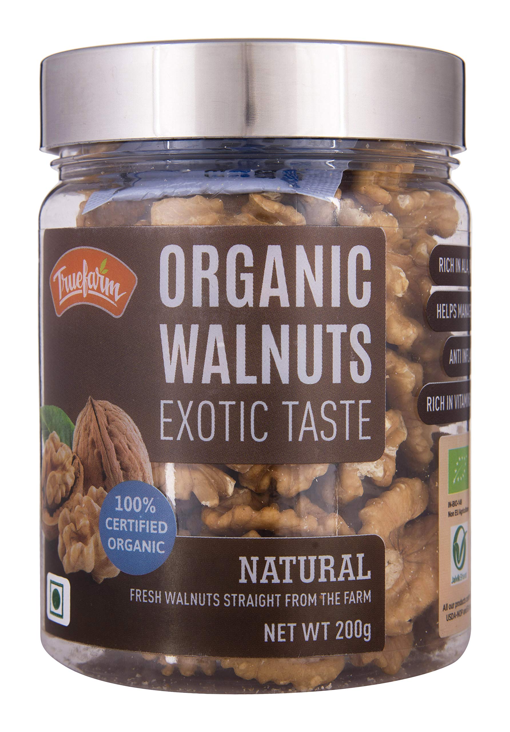 Truefarm Organic Walnuts | 100% Pure, Natural and Gluten Free Akhrot | Walnuts without Shell | Rich in Omega 3 Fatty Acids, Proteins, Fiber & Vitamins | NPOP Certified | Pack of 1 (200g)