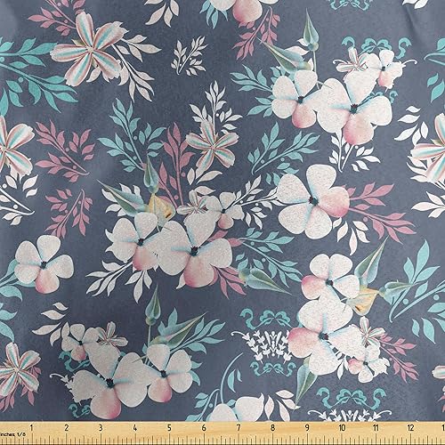 Miniatura 1 de Ambesonne Floral Fabric by The Yard, Neat Floral Pattern Soft Tones Leaves Spring Romance Ornaments Print, Decorative Satin Fabric for Home Textiles