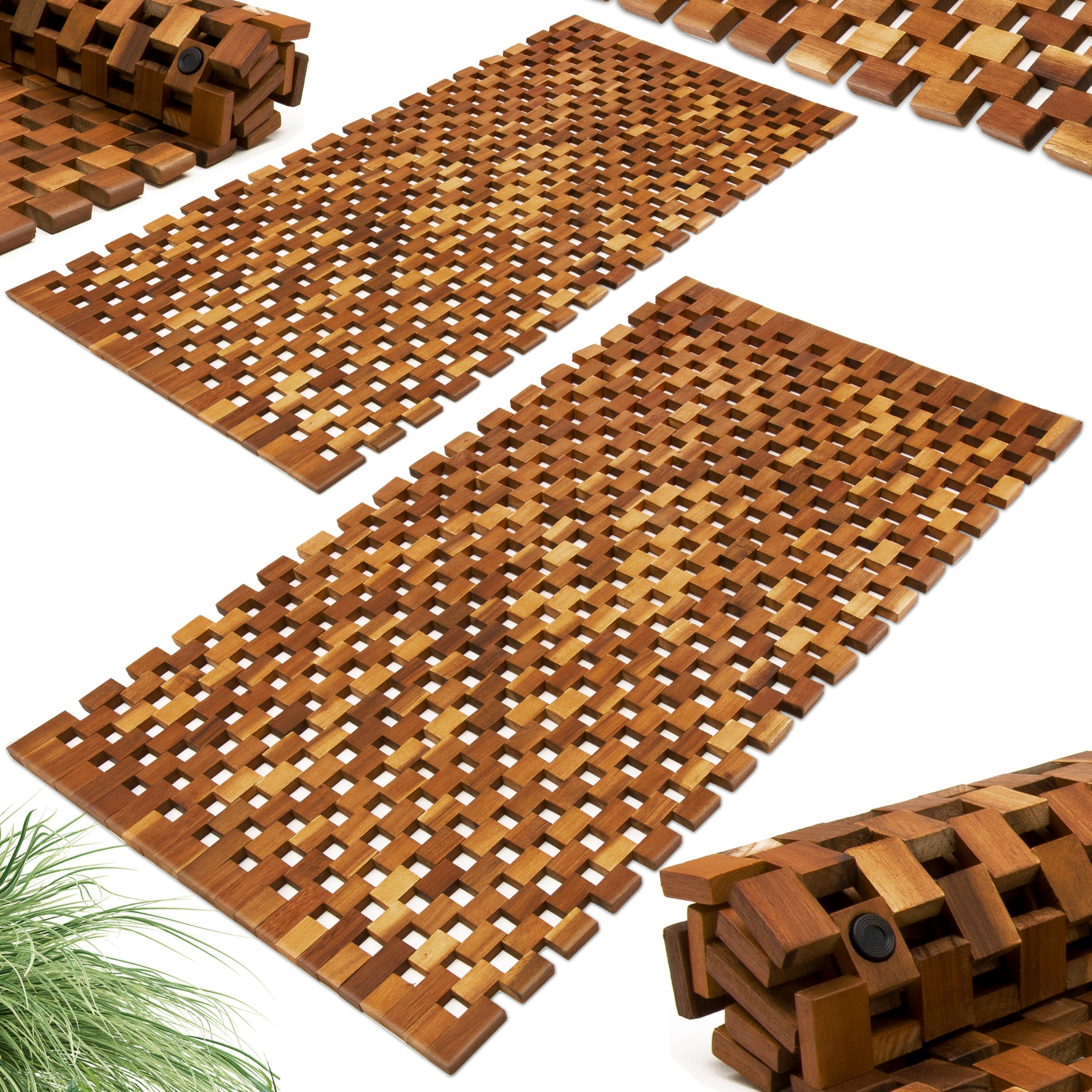 DEUBA® Set of 2 Acacia Wood Bath Mat | FSC Certified | Pre-Oiled | Non Slip Bathroom Mat | Bathroom, Shower, Spa, Pool, Sauna, Ice Bath, Toilet Mat | Mosaic Design | 80 x 50cm