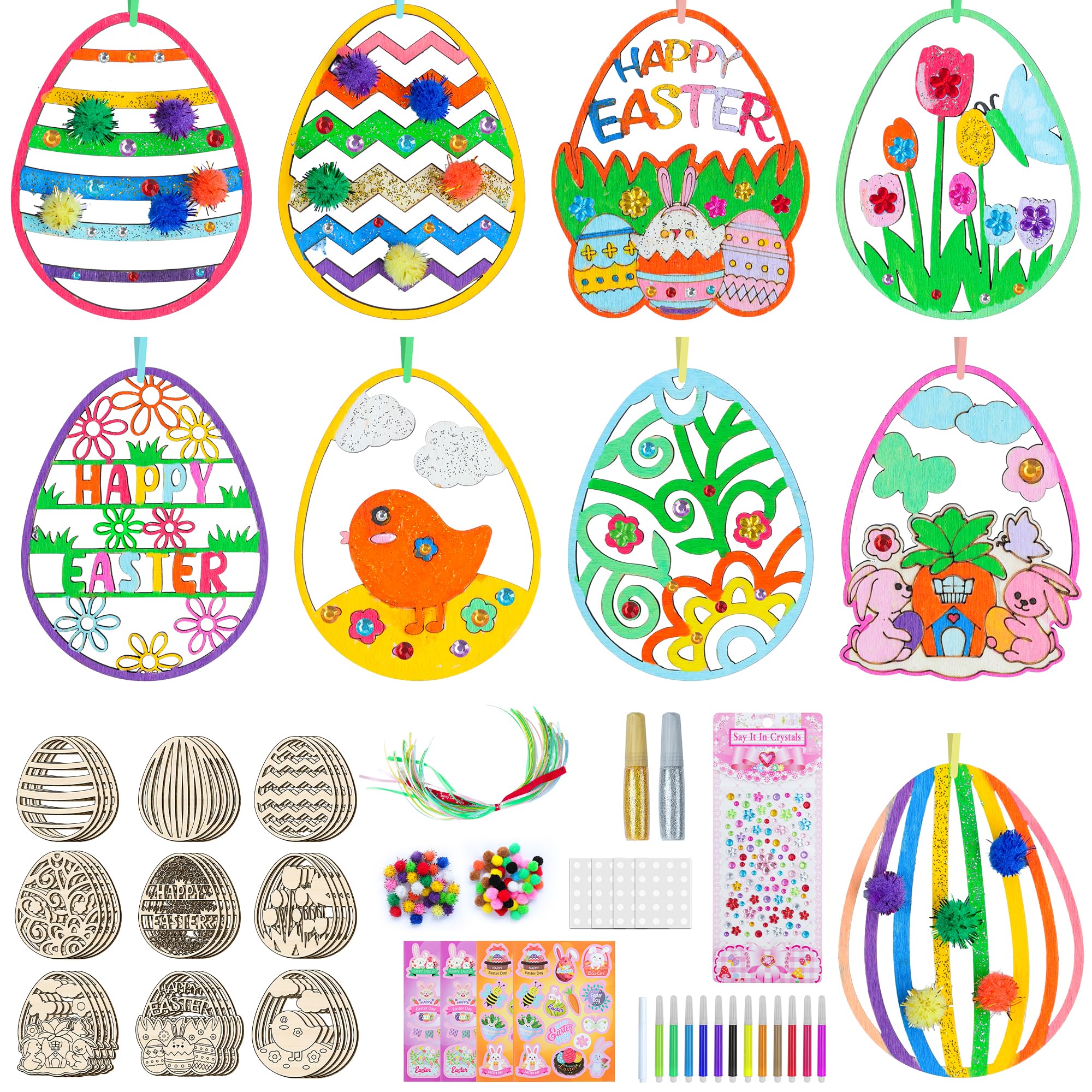 241 Pcs Wooden Easter Craft Kits, Paint Your Own Easter Egg Ornaments, Unfinished Wood Slices Easter Crafts for Kids Adults, Easter Egg Party Spring Classroom Home Activity Art Project