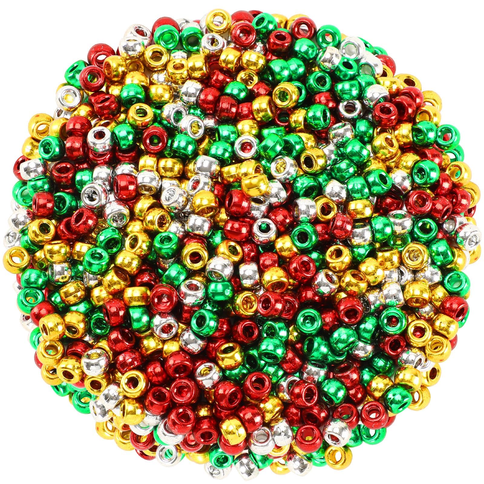 Christmas Metallic Pony Beads,1200Pcs Red Green Silver Gold Silver Plastic Craft Beads for Jewelry Making Christmas Necklace Bracelets Hair Beads DIY Crafts Hanging Ornament Supplies