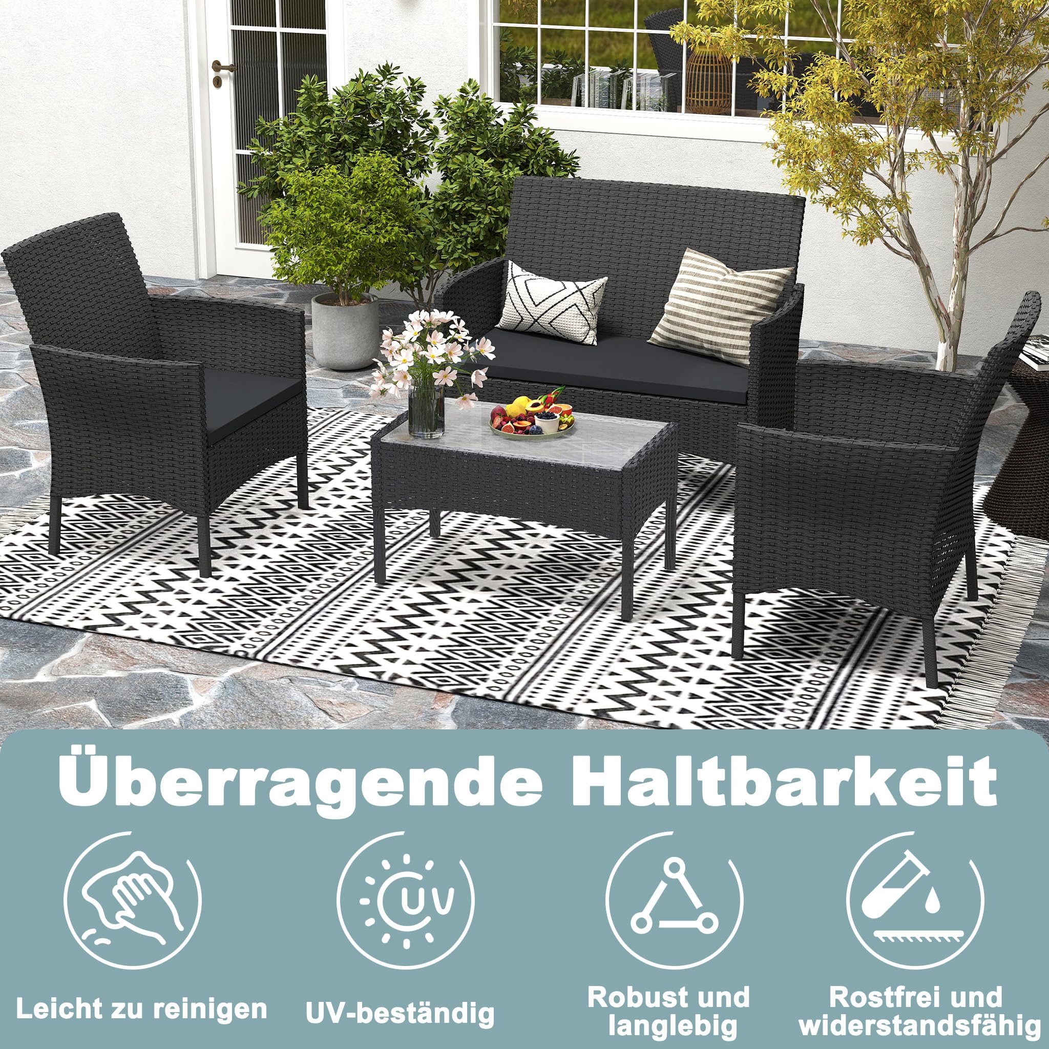 4-teilig Gartenmöbel Set, PE-Polyrattan Lounge Möbel mit 2-Sitzer Sofa, 2 Sesseln & Glastisch, Wetterfest & Pflegeleicht, Sitzgruppe für Balkon, Terrasse, Poolbereich, Anthrazit