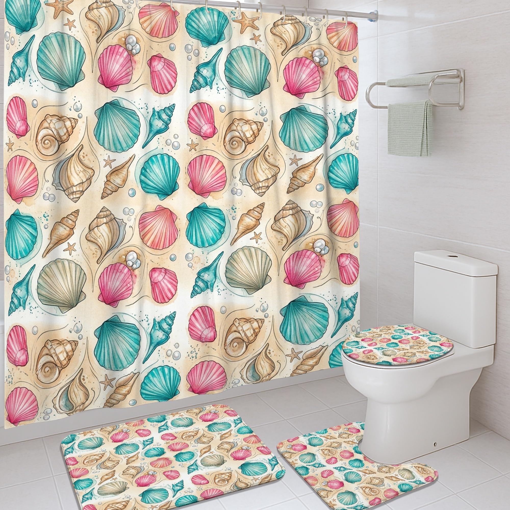 Rideau de douche anti-moisissure et étanche motif coquillages et étoiles de mer