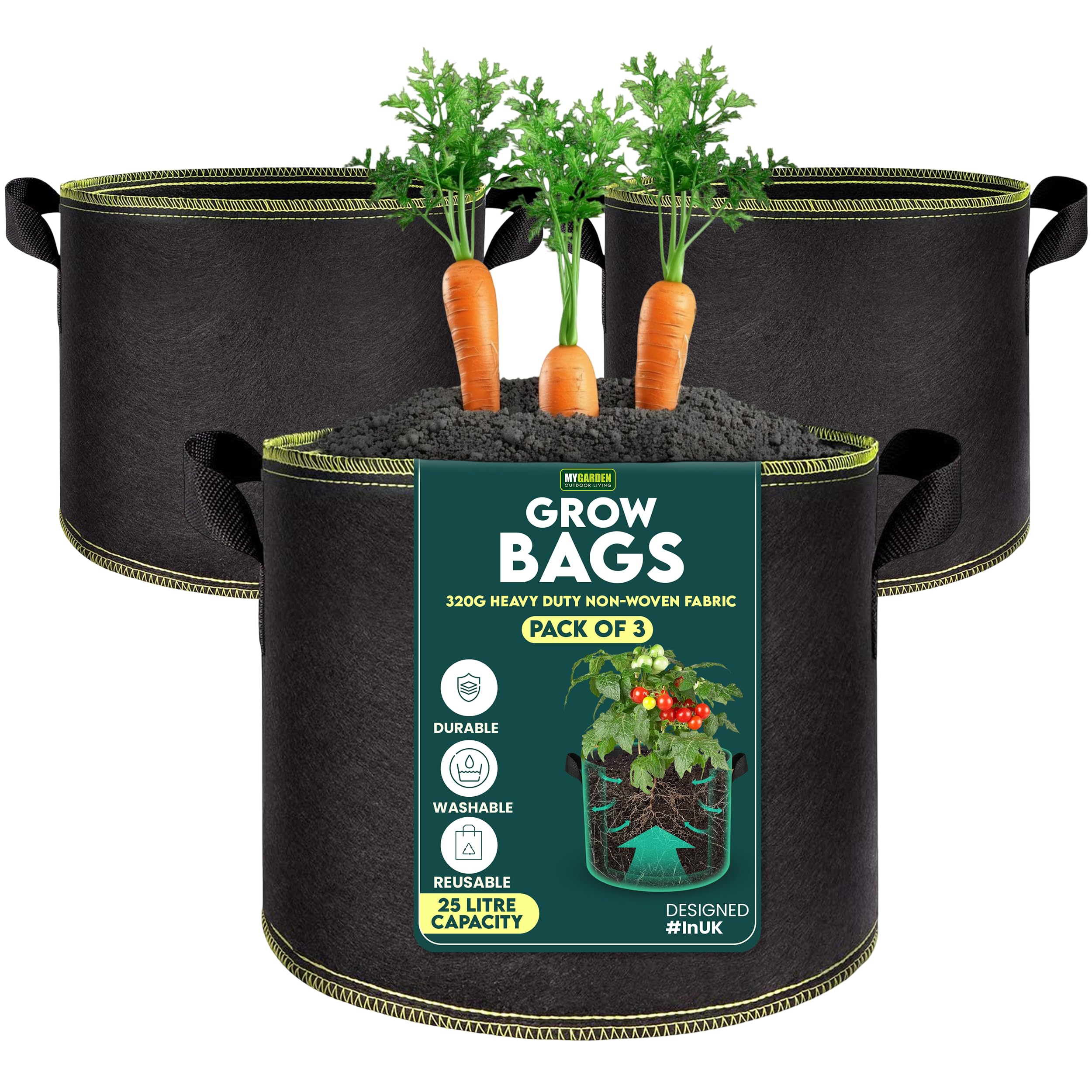 My Garden Grow Bags 25 Litre - Fabric Planter Pots with Handles – 320g Thickened Nonwoven Breathable Growing Bags for Vegetables, Herbs, Flowers, Tomatoes, Potatoes & Fruits (3, 25 Litres)
