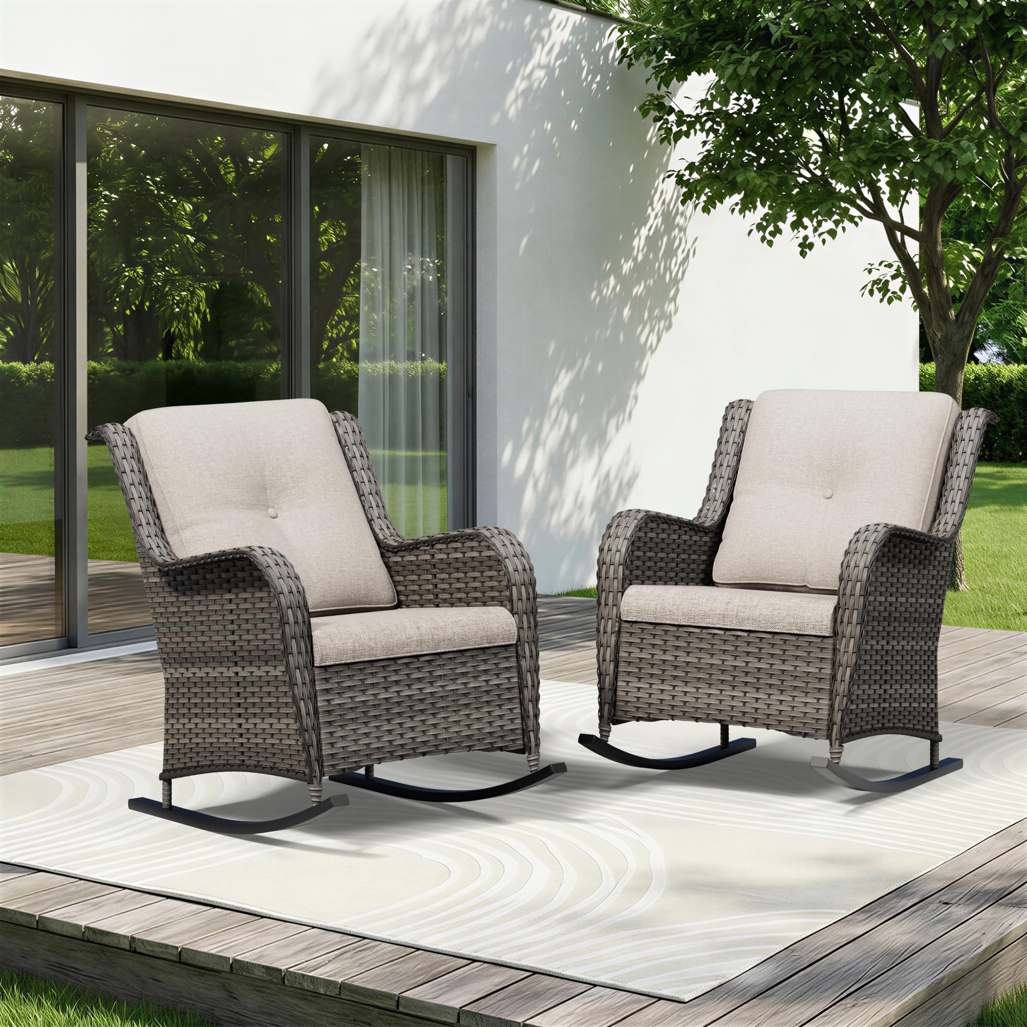 Patio Rocking Chairs Set of 2, Outdoor Wicker Patio Furniture Set 2 Pieces with Thickened Olefin Cushions, High Back and Deep Seating, Hand-Woven PE Rattan for Porch, Deck, Beige