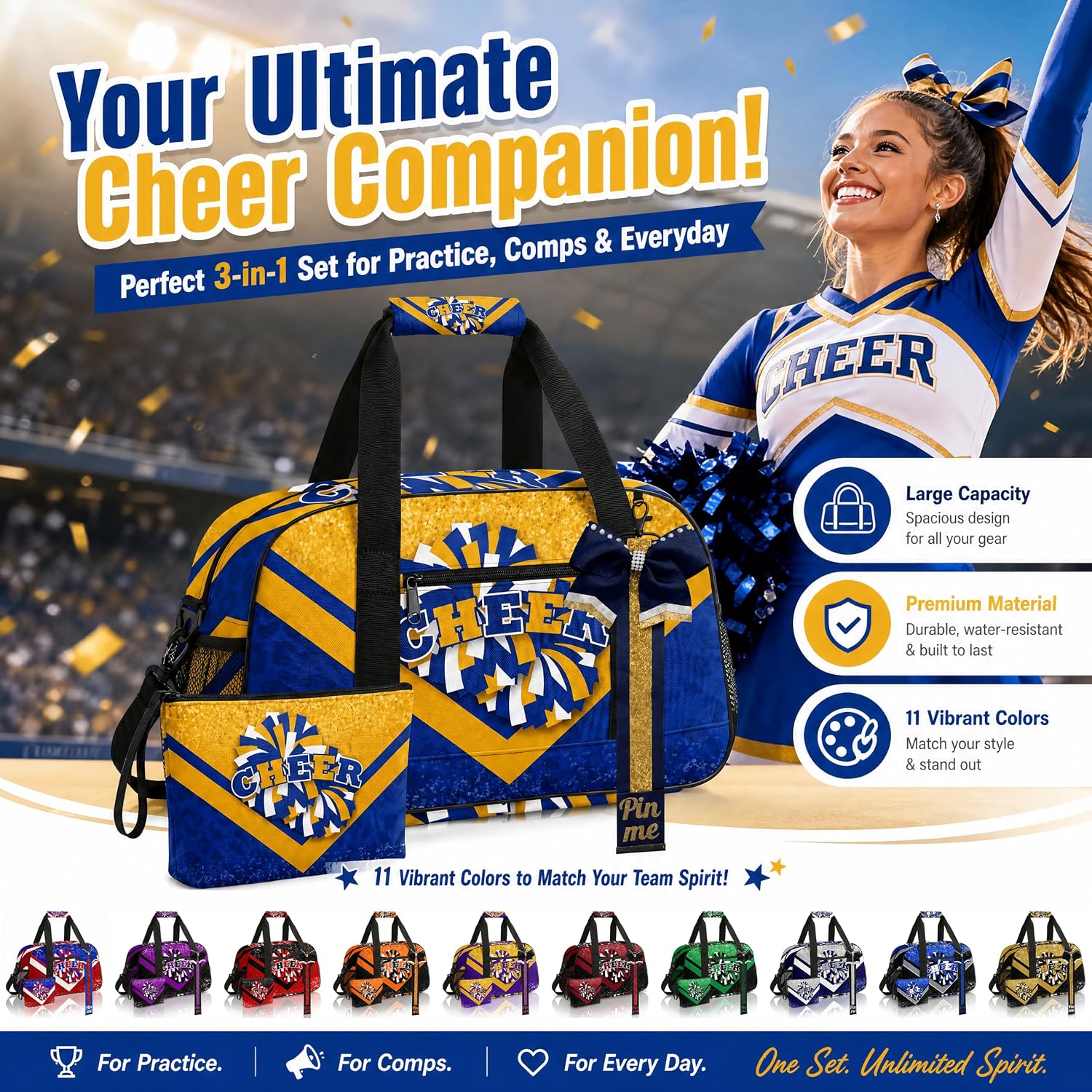 Cheer Duffel Bag with Makeup Bag & Bow Keychain, Cheerleading Dance Gymnastics Travel Sport Bag (Black&Red)