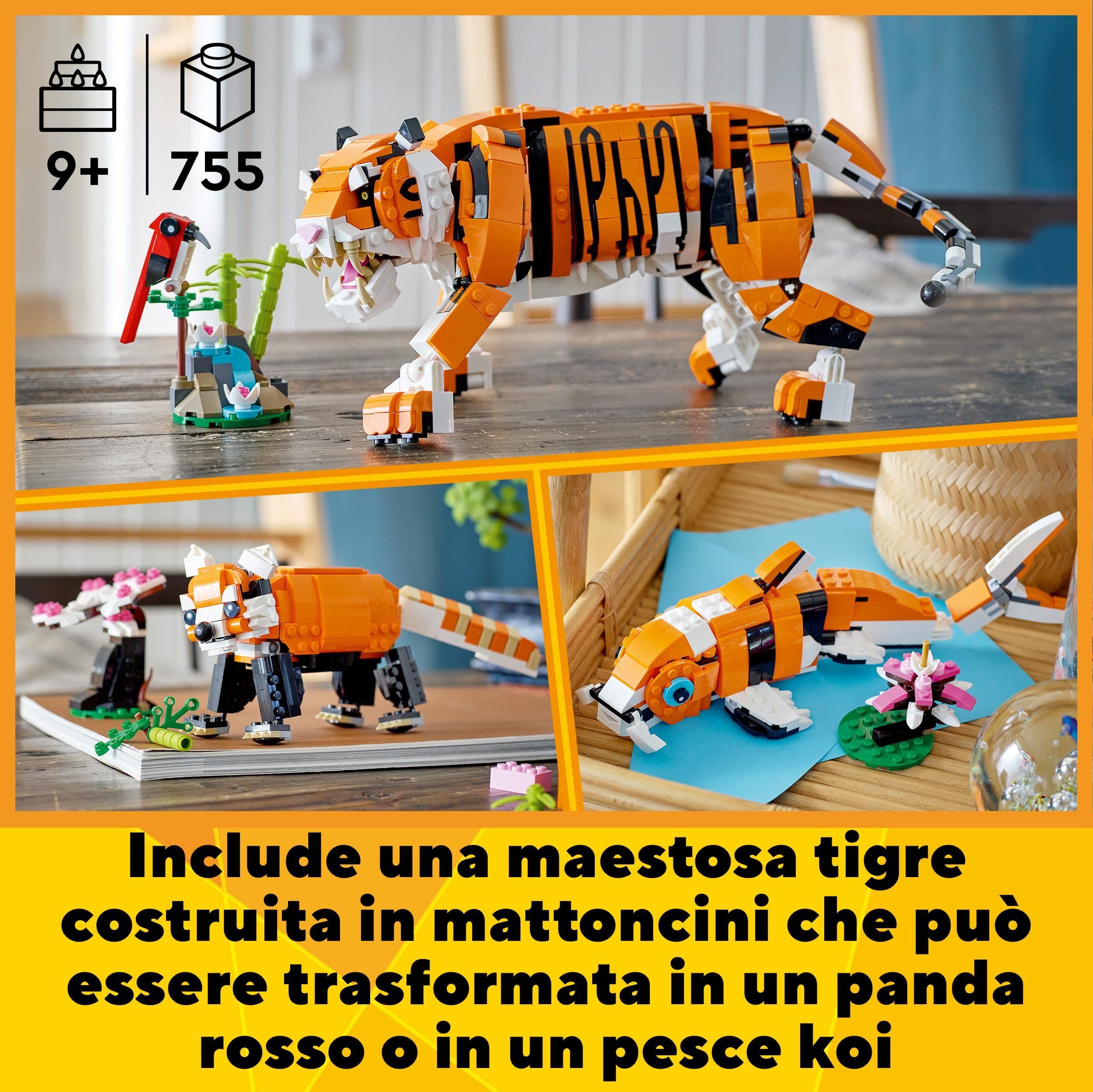 LEGO Creator 3 in 1 Tigre Maestosa, Si Trasforma in Panda o Pesce Koi, Set da Collezione con Figure di Animali Giocattolo, Giochi Creativi per Bambini, Bambine, Ragazzi e Ragazze, Idea Regalo 31129