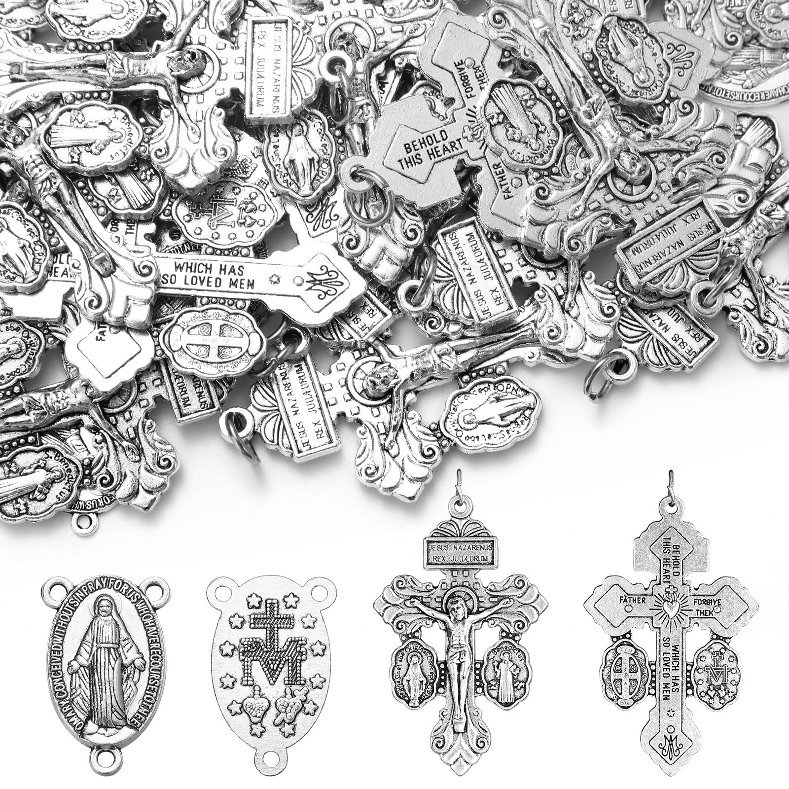 40pcs/20set Crucifix for Rosary Making Kit 2.2 Inch Pardon Crucifix Cross Charms Pendants Bulk Oval Alloy Catholic Jesus Maria Links Pendant for DIY Jewelry Making Supplies
