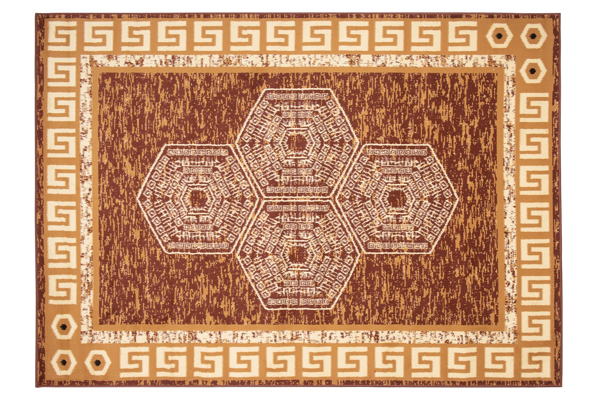 TAPISO Atena Tapis de Salon Chambre Ado Design Moderne Marron Sable Motif Grec Bordé Doux Fin Poil Court 140 x 200 cm
