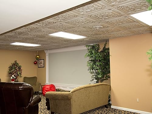 Miniatura 2 de From Plain To Beautiful In Hours - Modelo 223 La Scala - Mosaicos de PVC de 2 x 2 pies (cubre 4 pies cuadrados) para el techo, color oro antiguo