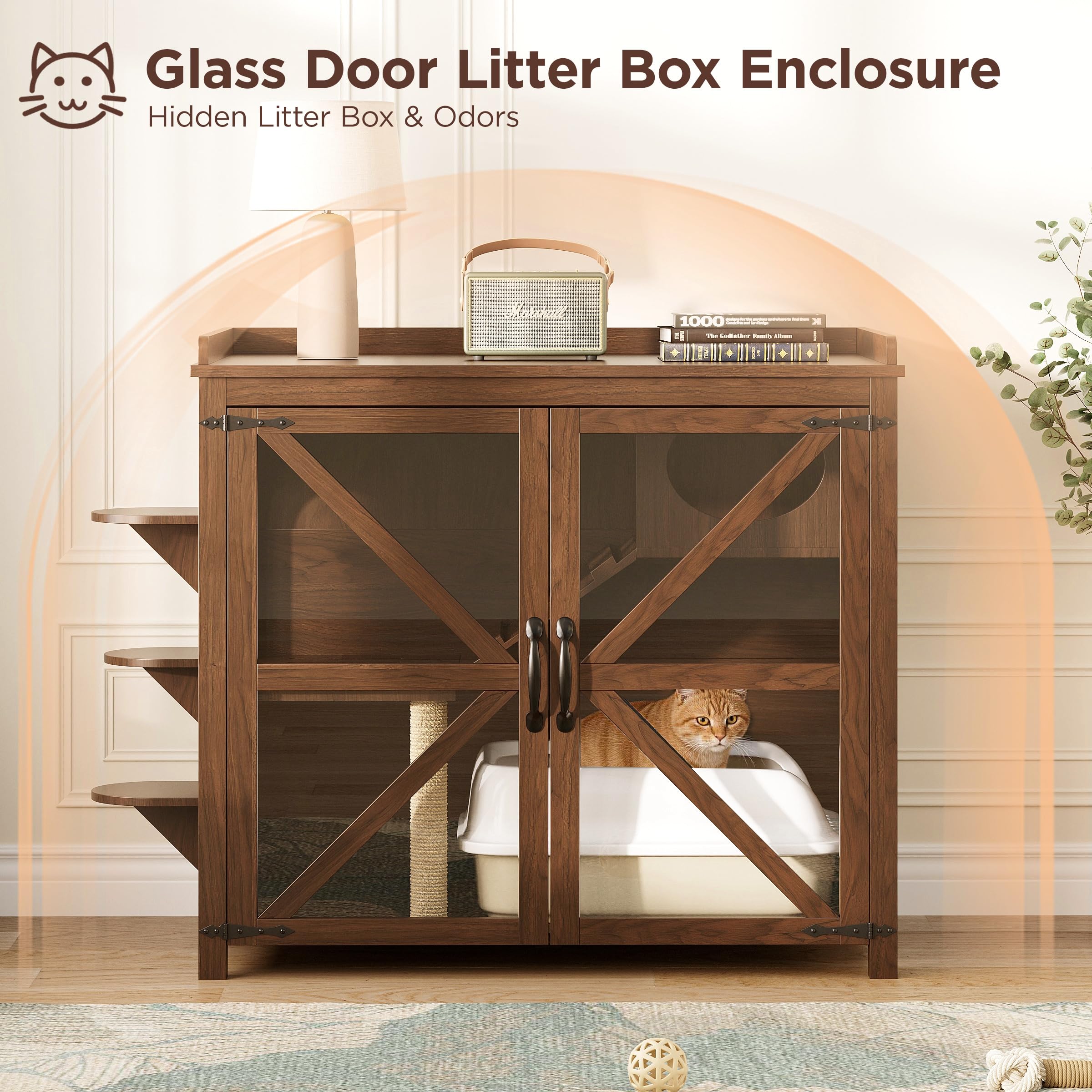 Large Litter Box Enclosure with Sisal Scratch Post, Multi-Level Climbing Route, Cat Litter Box Furniture with Glass Door, Farmhouse Hidden Litter Box Cabinet, Cat Box Enclosure, Walnut - image 7