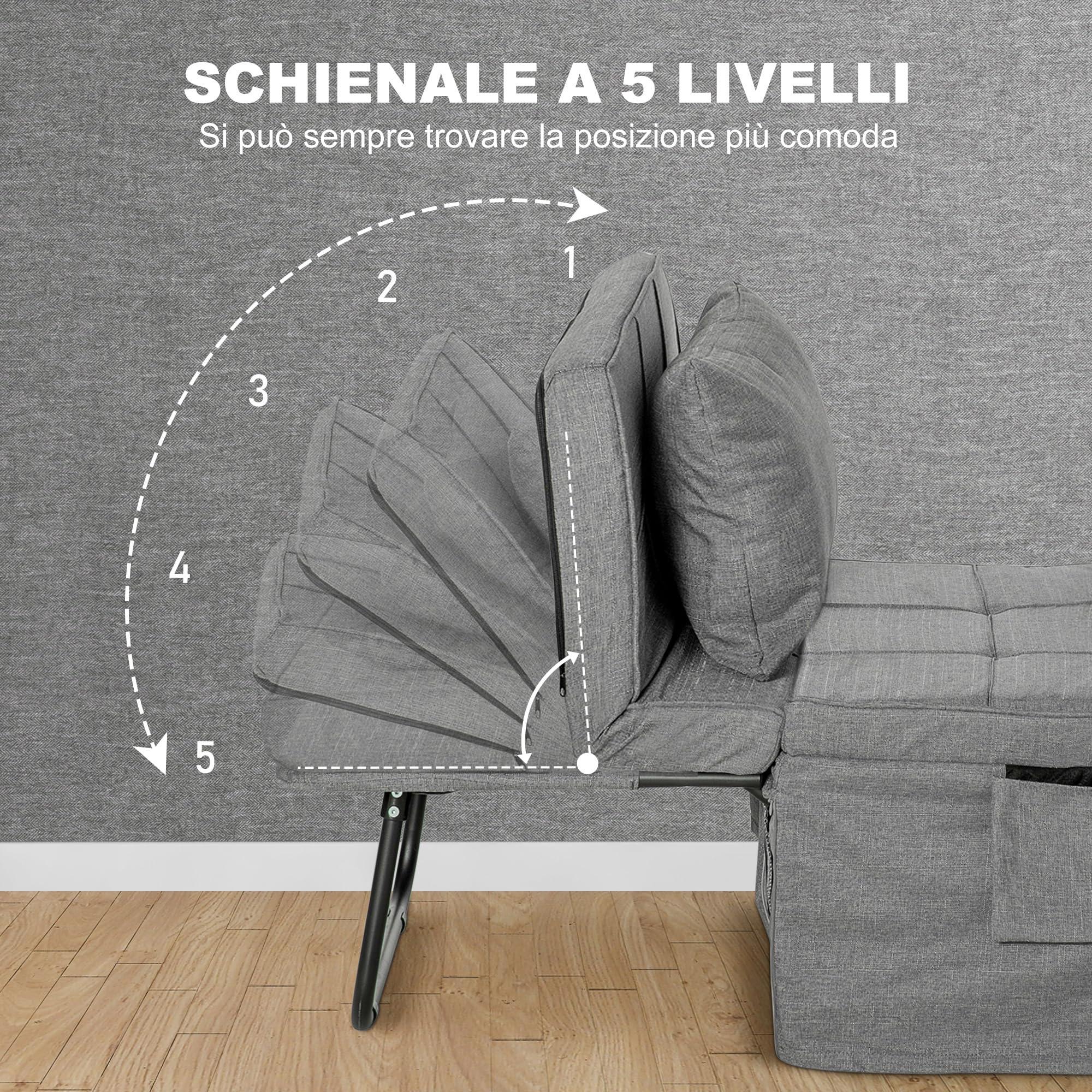 HOMCOM Pouf Letto Pieghevole Multiuso 4 in 1, Brandina Chaise Longue Salvaspazio con Schienale Reclinabile a 5 Livelli, Grigio