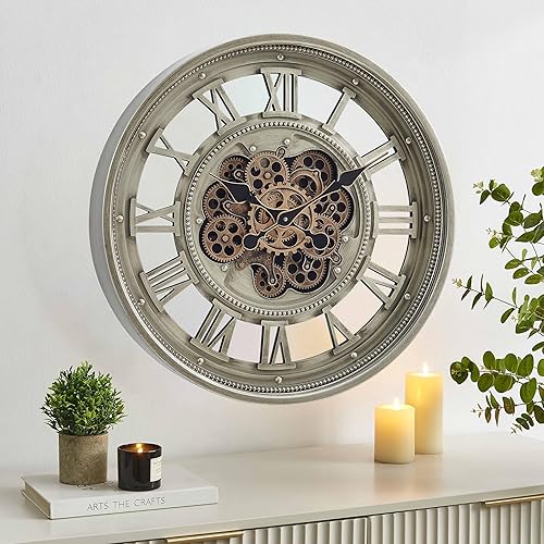 Miniatura 8 de CLXEAST Reloj de pared de 24 pulgadas con engranajes móviles, relojes de pared grandes de gran tamaño con números romanos para decoración de sala de