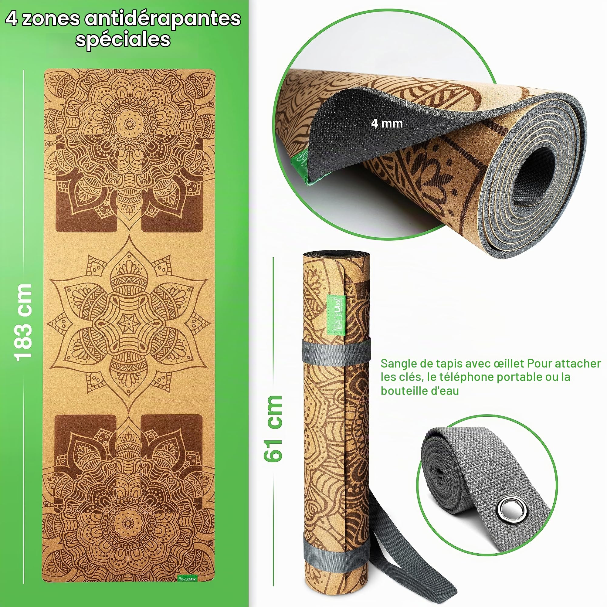BACKLAXX® Tapis de Yoga en Liège et Caoutchouc Naturel, Antidérapant 4 mm